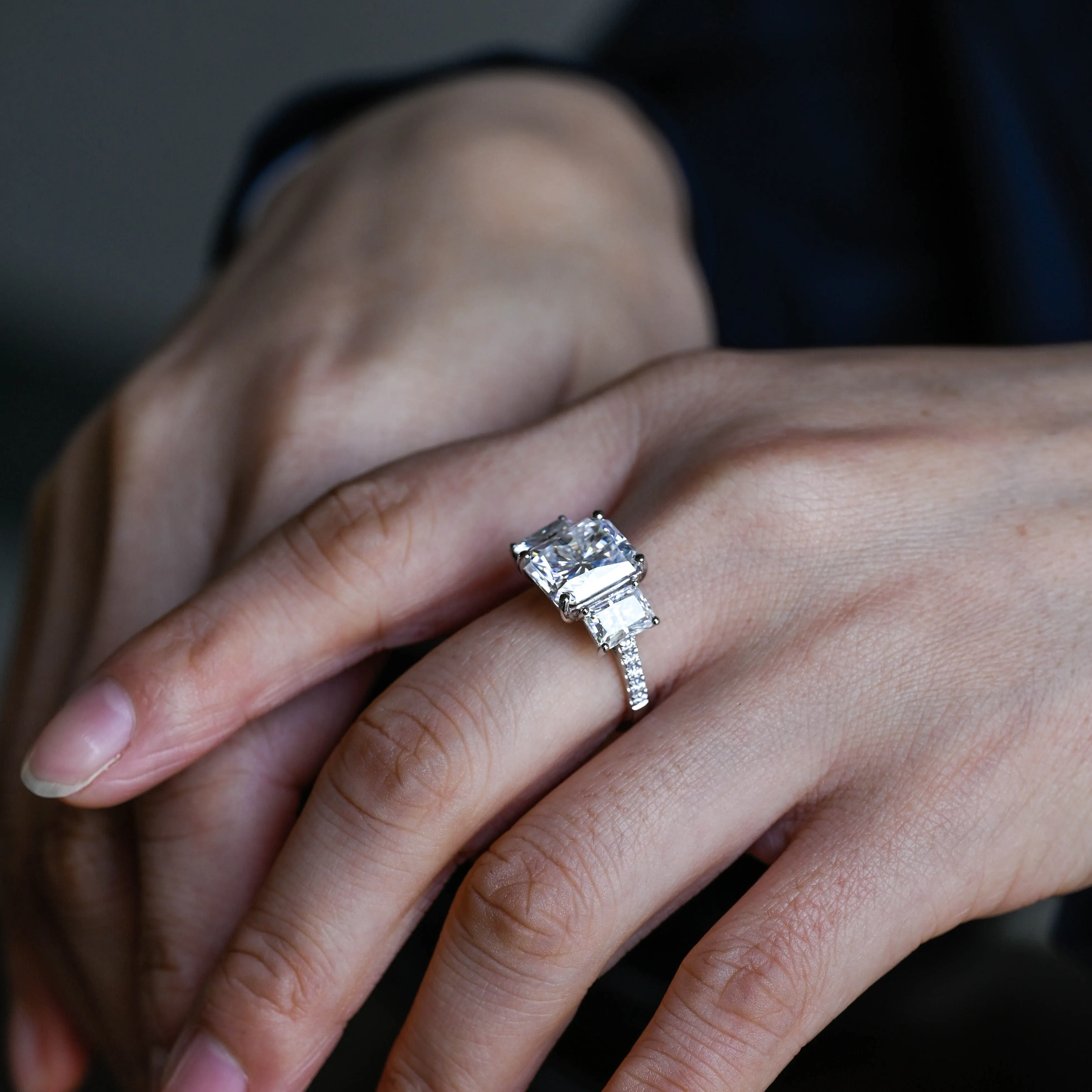 Solid Gold Three Stone Radiant Cut Moissanite Engagement Ring sold by Causyou product image thumbnail 4