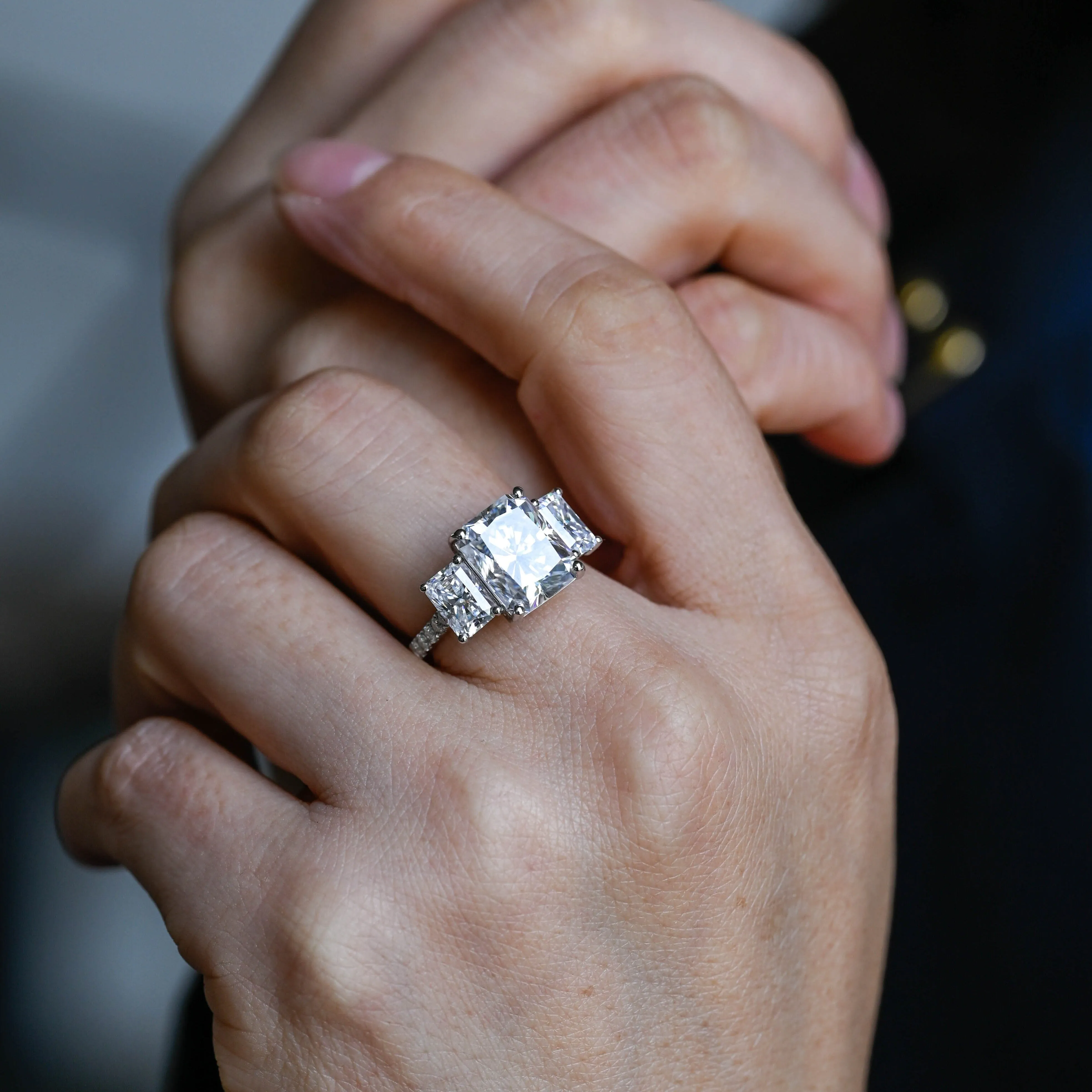 Solid Gold Three Stone Radiant Cut Moissanite Engagement Ring sold by Causyou product image thumbnail 2