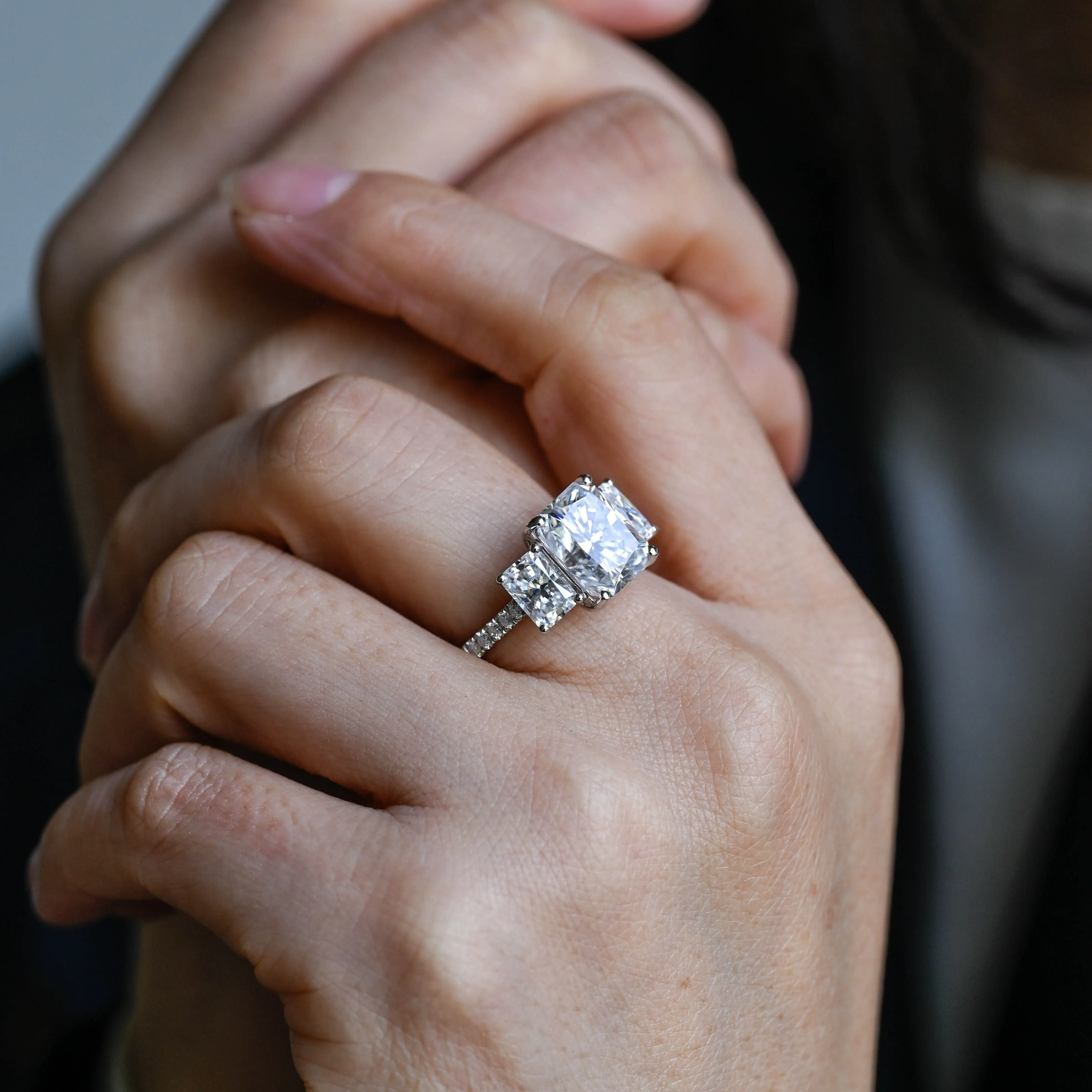 Solid Gold Three Stone Radiant Cut Moissanite Engagement Ring sold by Causyou product image thumbnail 3