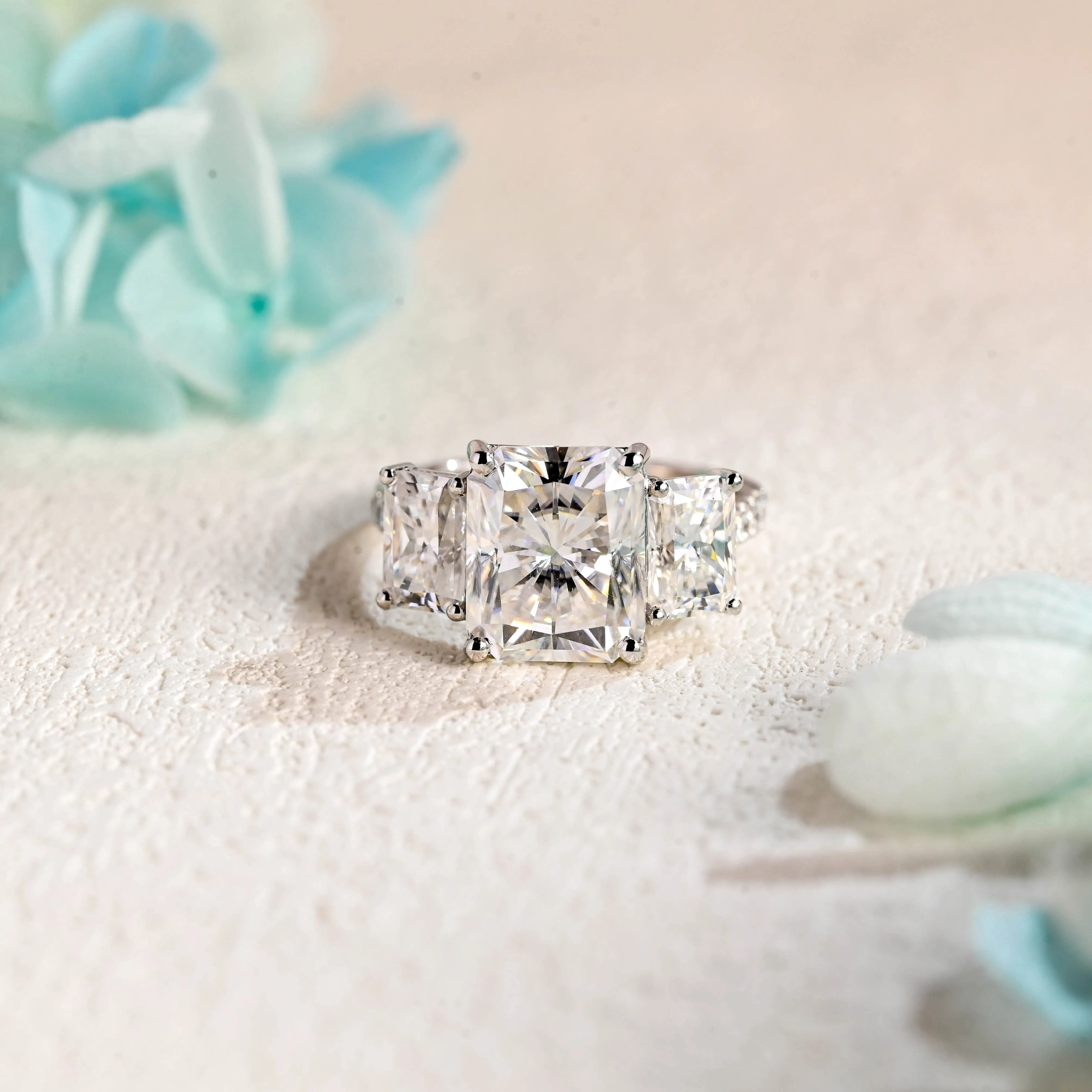 Solid Gold Three Stone Radiant Cut Moissanite Engagement Ring sold by Causyou