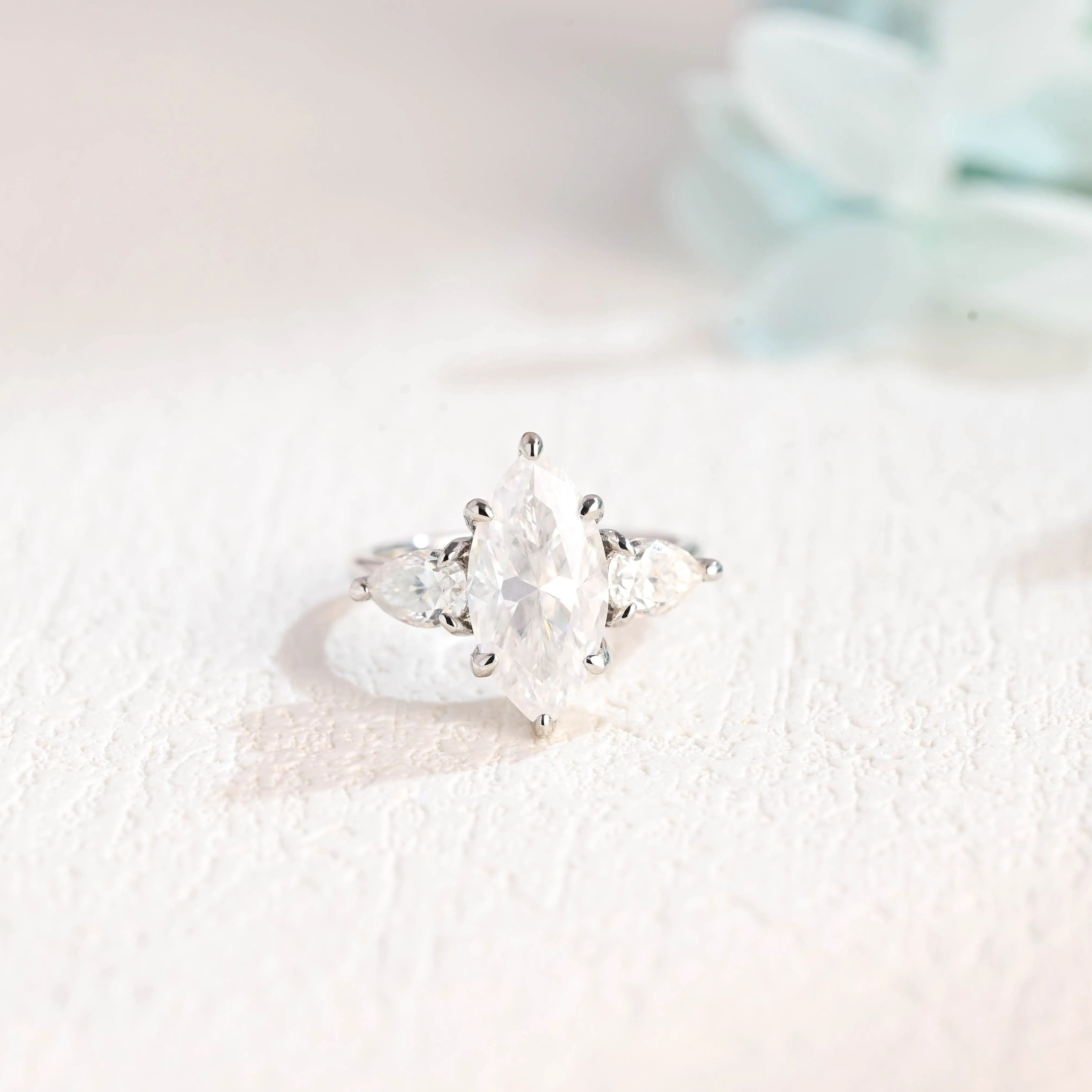 Solid Gold Three Stone Marquise Cut Moissanite Engagement Ring sold by Causyou product image thumbnail 4