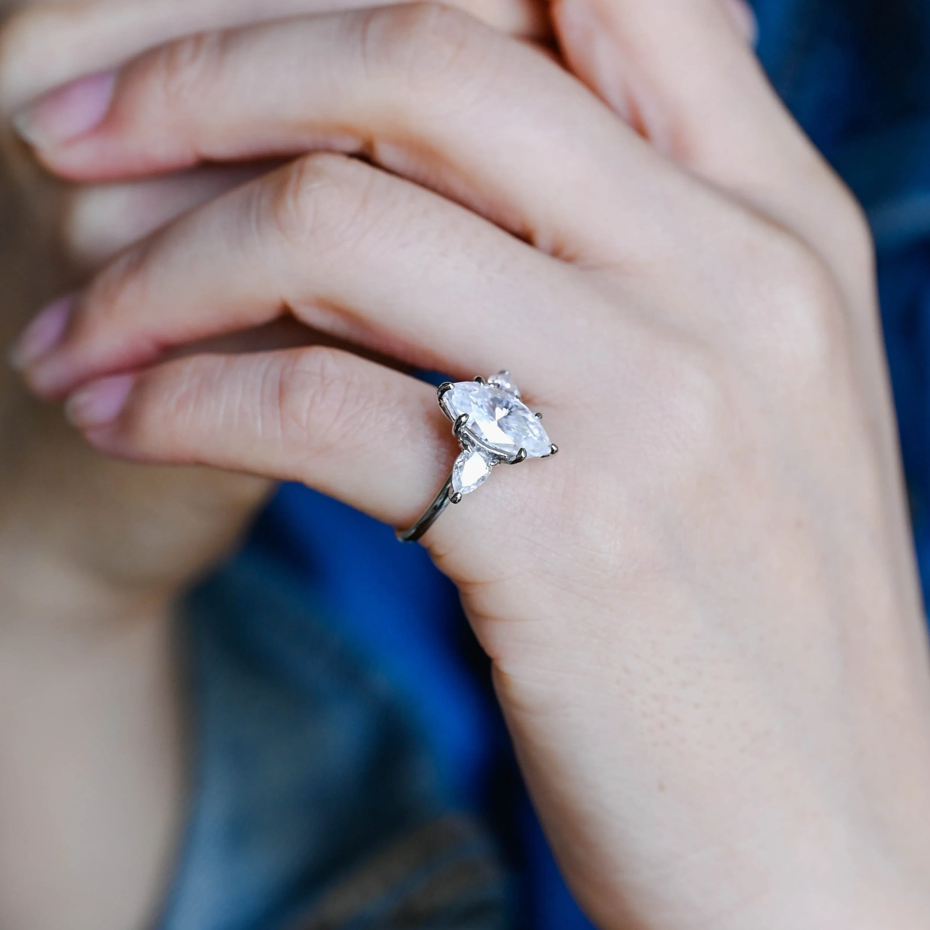 Solid Gold Three Stone Marquise Cut Moissanite Engagement Ring sold by Causyou product image thumbnail 2