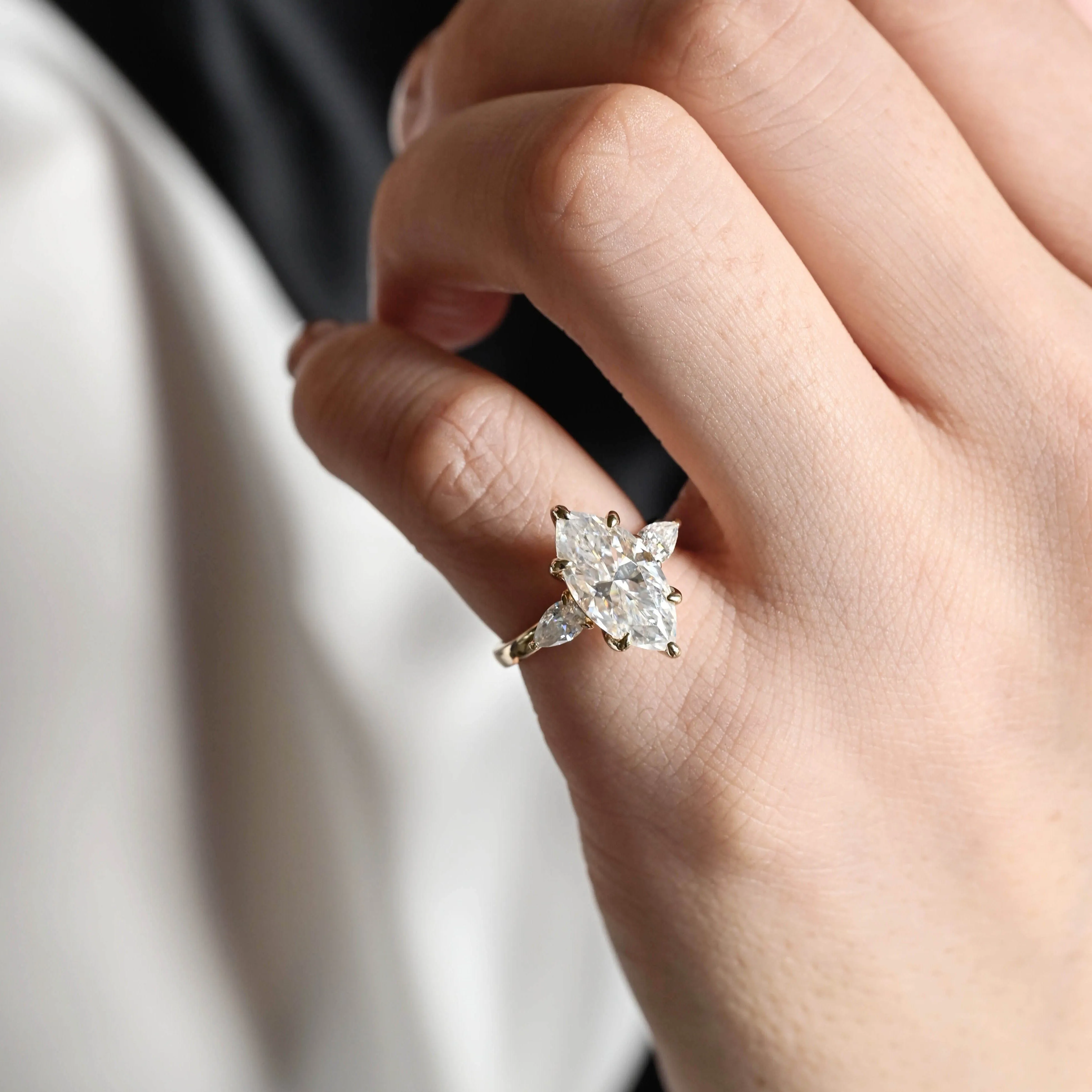 Solid Gold Three Stone Marquise Cut Moissanite Engagement Ring sold by Causyou product image thumbnail 3