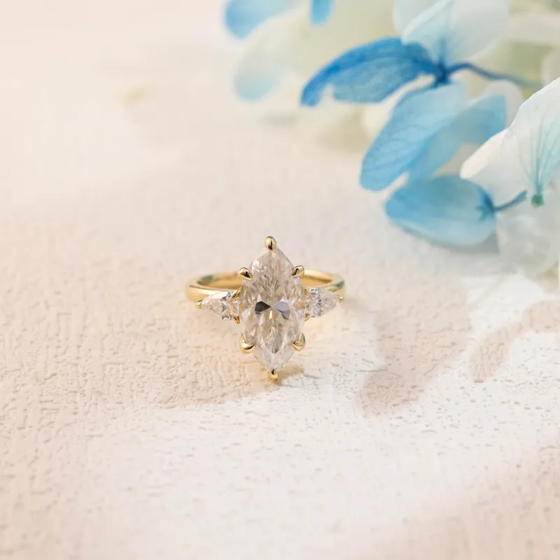 Solid Gold Three Stone Marquise Cut Moissanite Engagement Ring sold by Causyou