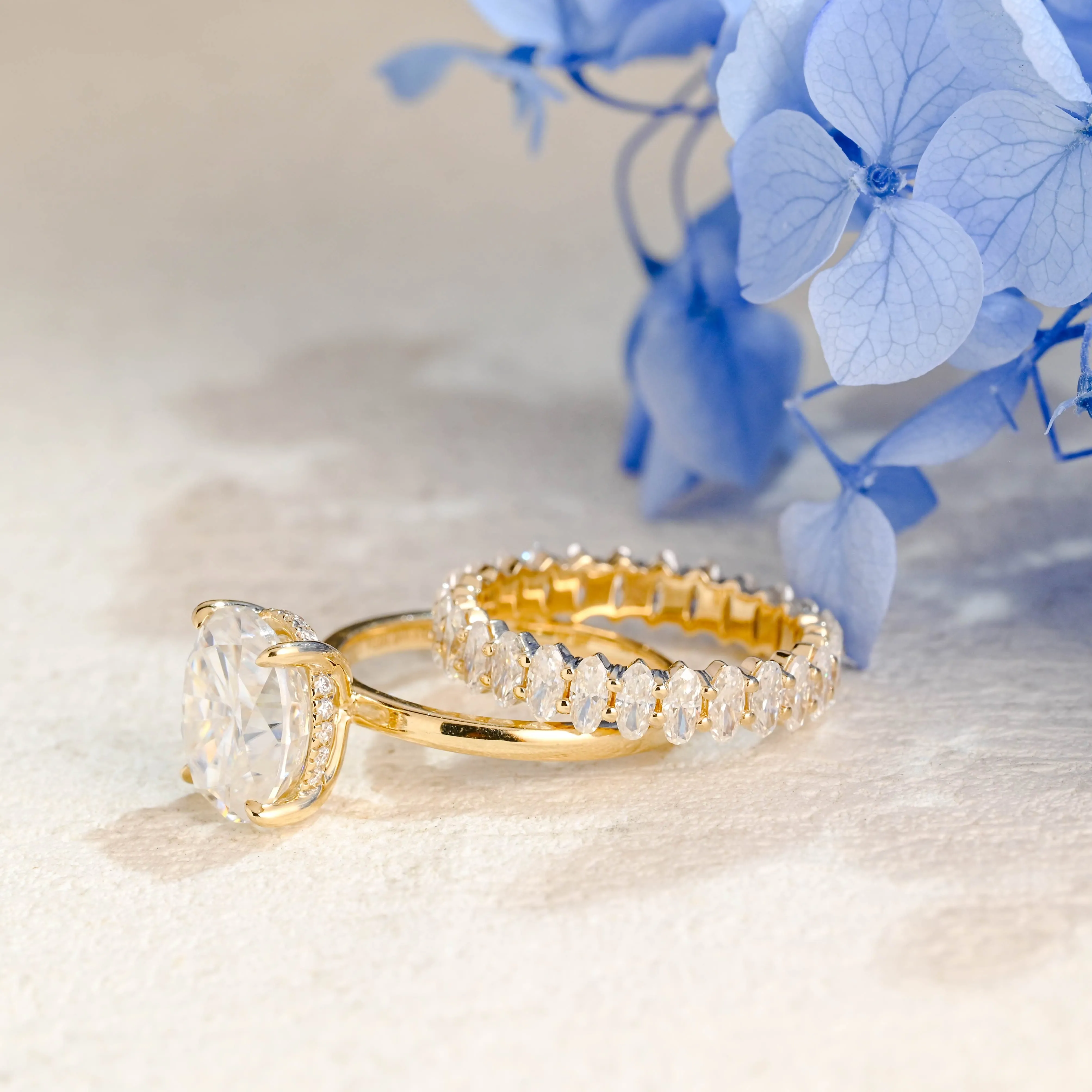 Solid Gold Hidden Halo Oval Cut Moissanite Engagement Ring Set sold by Causyou product image thumbnail 4