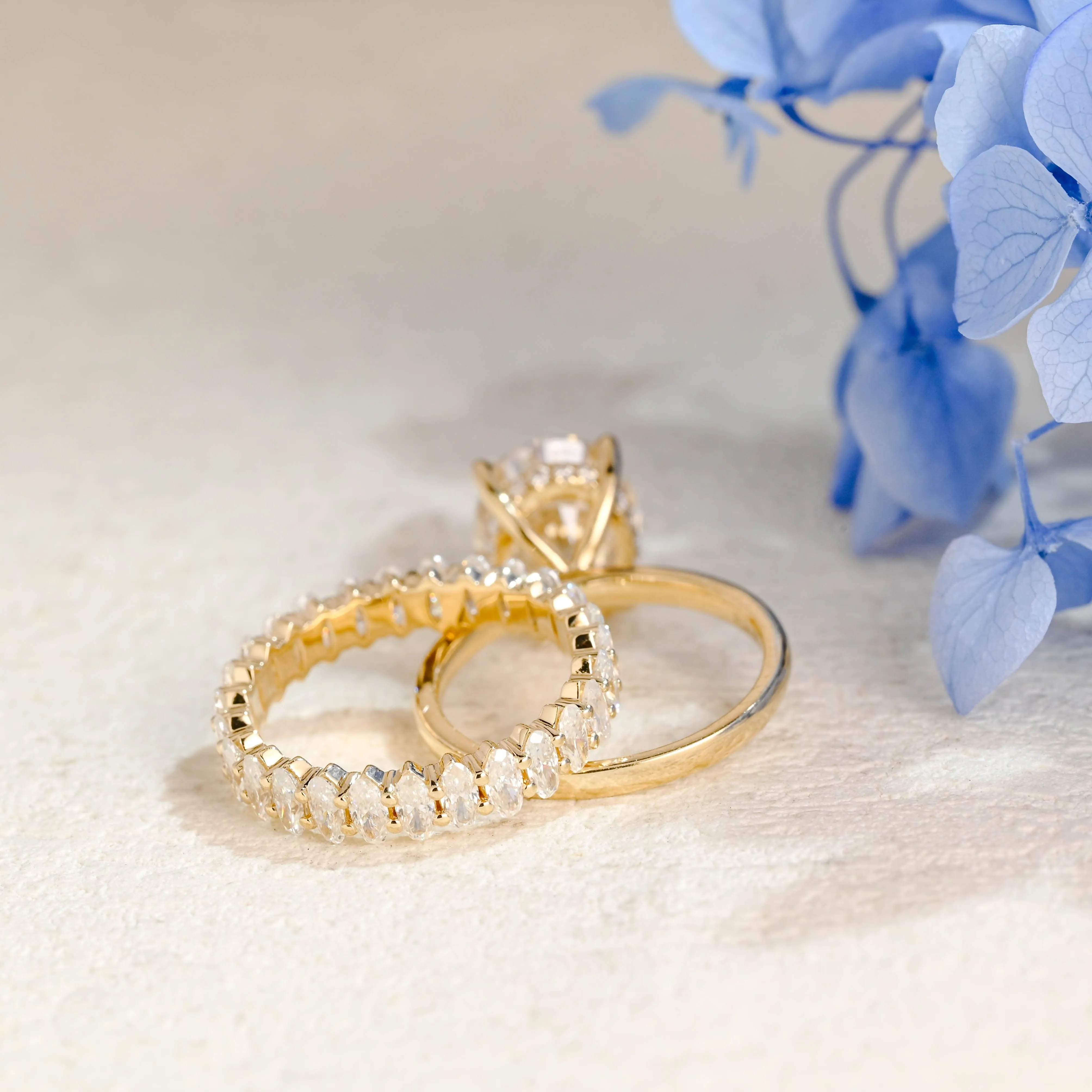 Solid Gold Hidden Halo Oval Cut Moissanite Engagement Ring Set sold by Causyou product image thumbnail 5