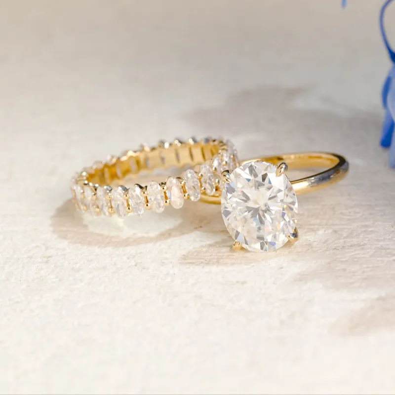 Solid Gold Hidden Halo Oval Cut Moissanite Engagement Ring Set sold by Causyou