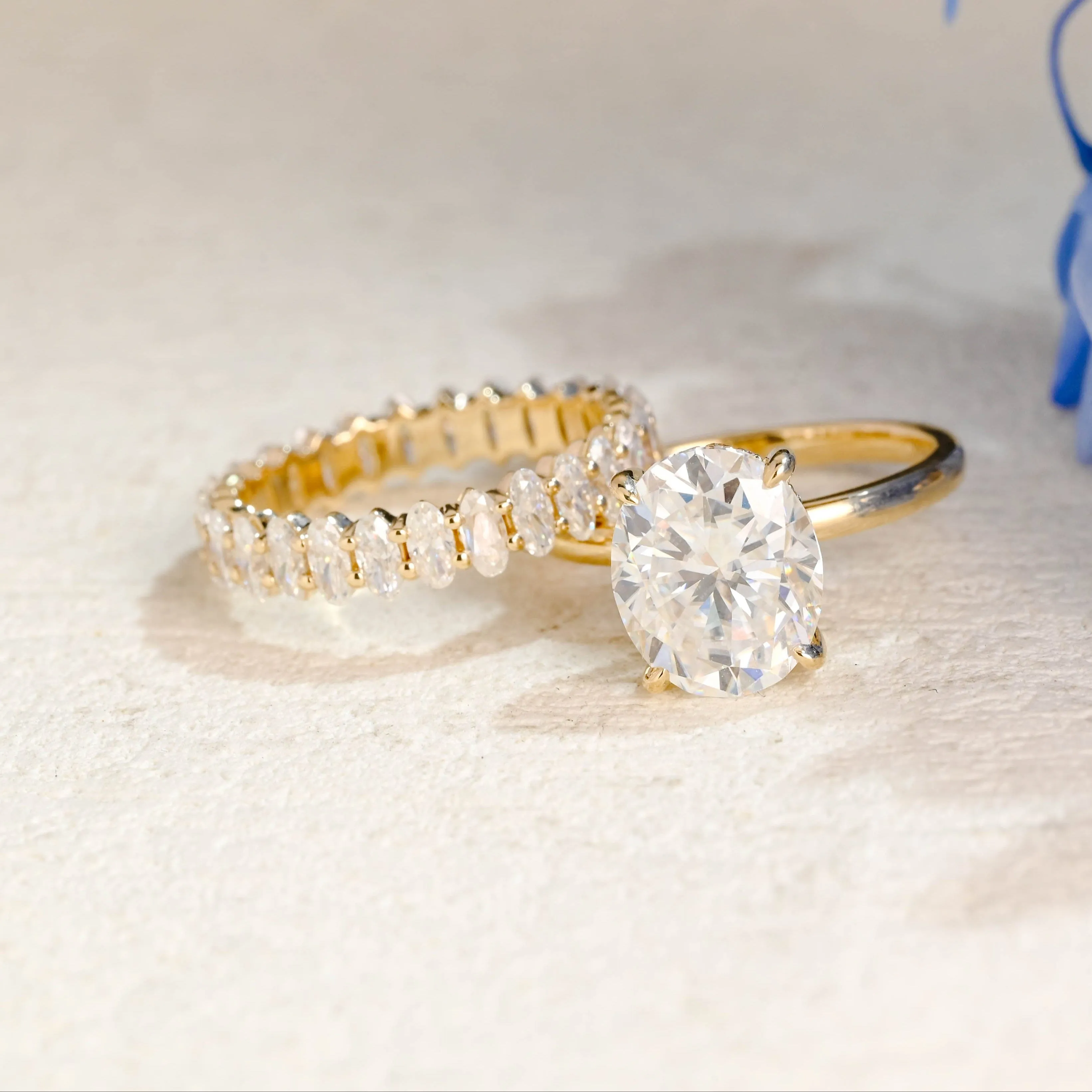 Solid Gold Hidden Halo Oval Cut Moissanite Engagement Ring Set sold by Causyou