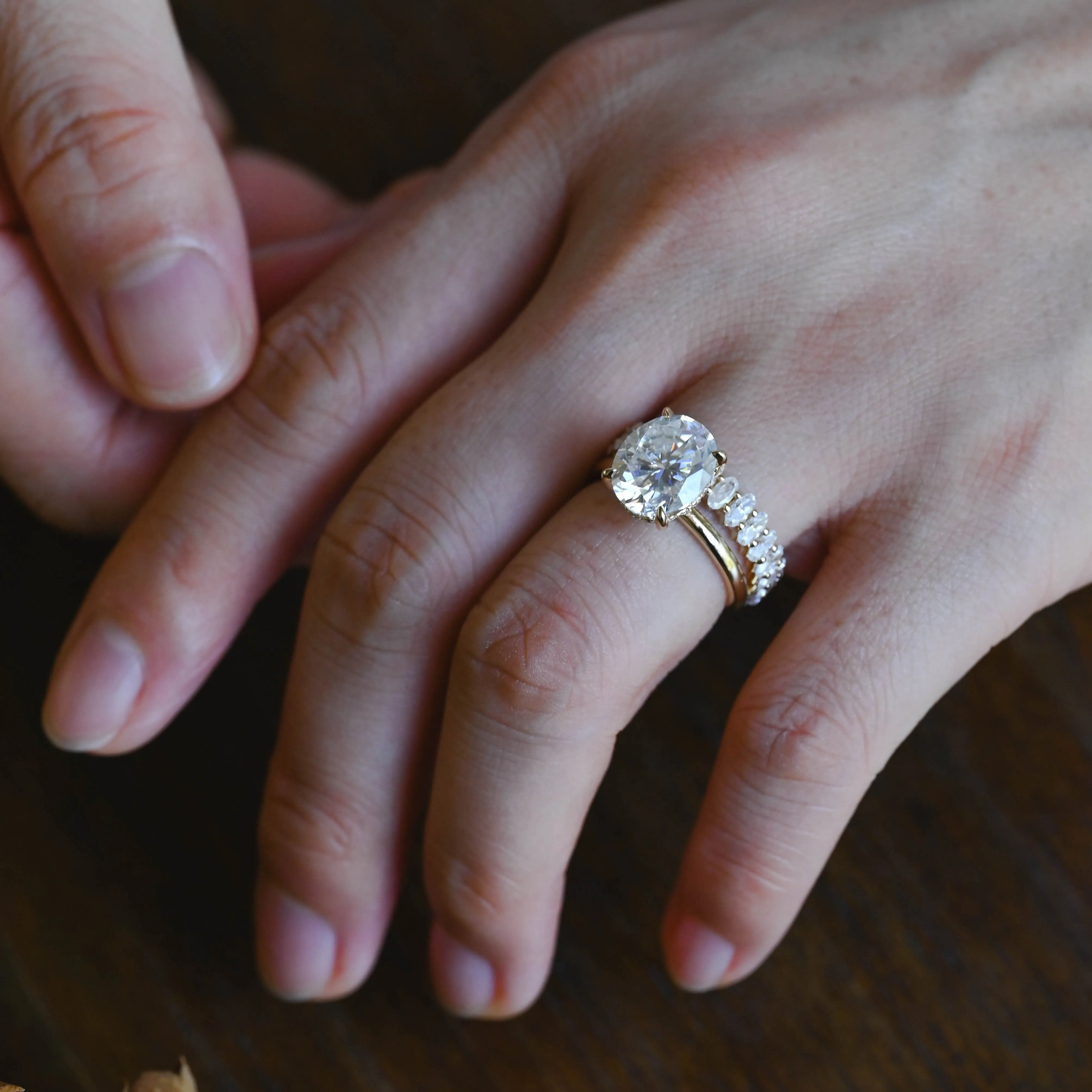 Solid Gold Hidden Halo Oval Cut Moissanite Engagement Ring Set sold by Causyou product image thumbnail 3