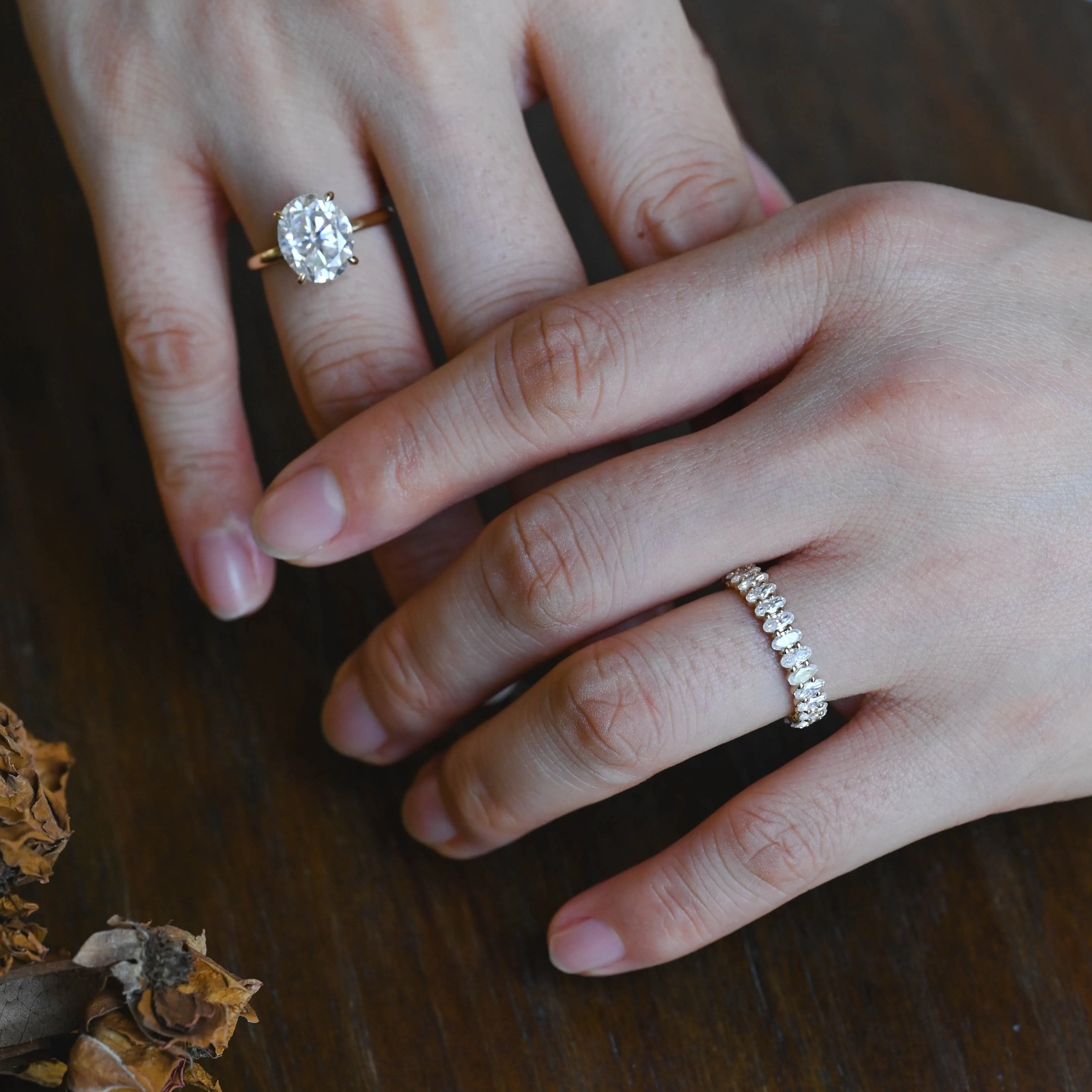 Solid Gold Hidden Halo Oval Cut Moissanite Engagement Ring Set sold by Causyou product image thumbnail 2