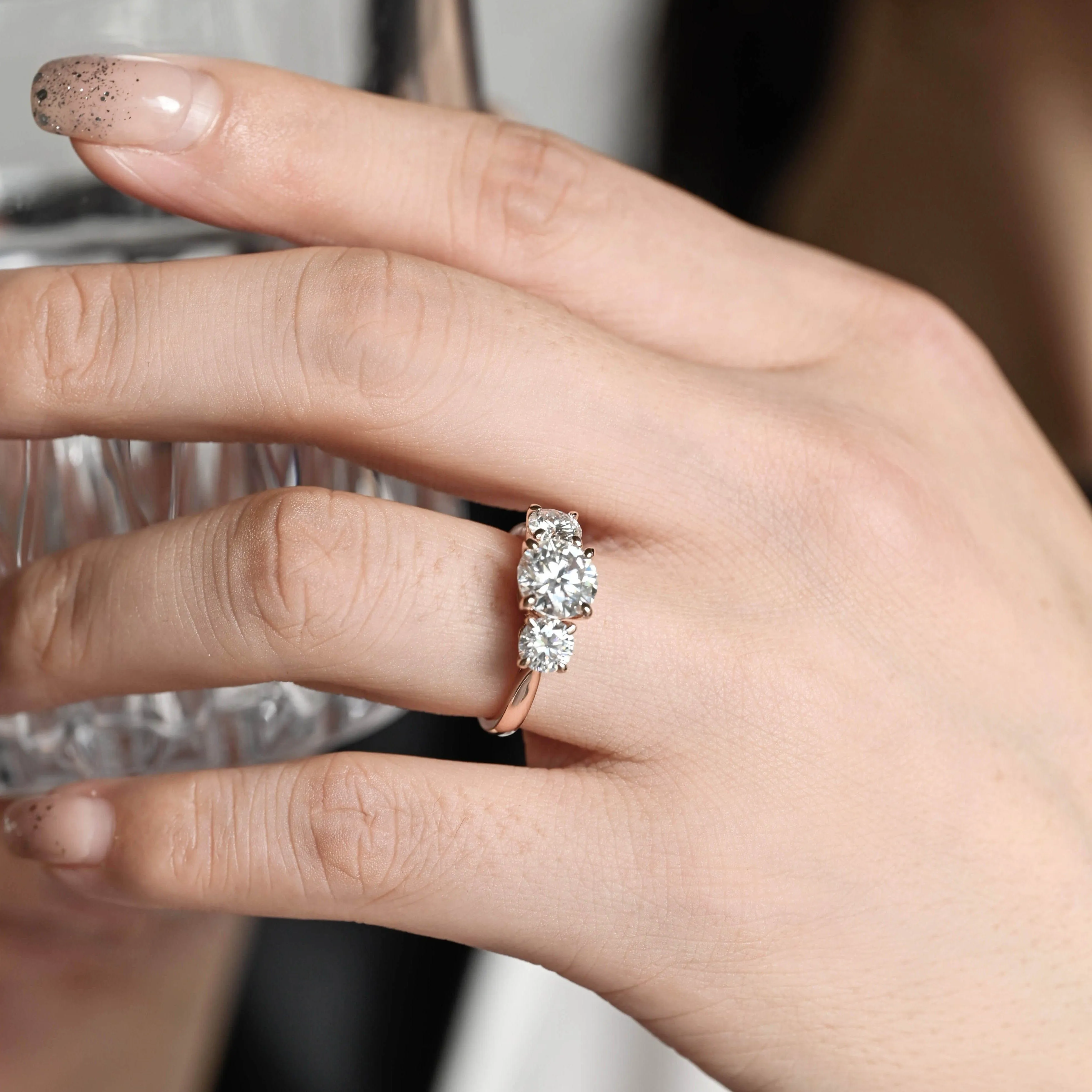 Solid Gold Three Stone Round Cut Moissanite Engagement Ring sold by Causyou product image thumbnail 4