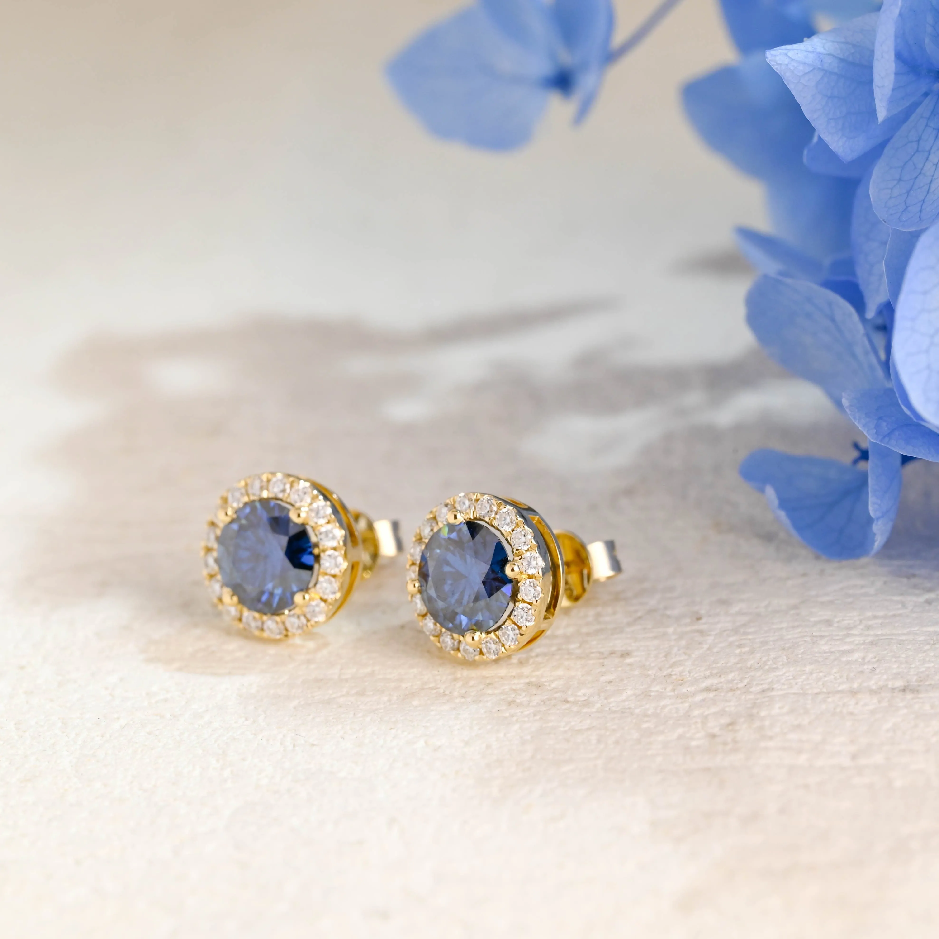 Solid Gold Halo Round Cut Blue Moissanite Earring Studs sold by Causyou product image thumbnail 4