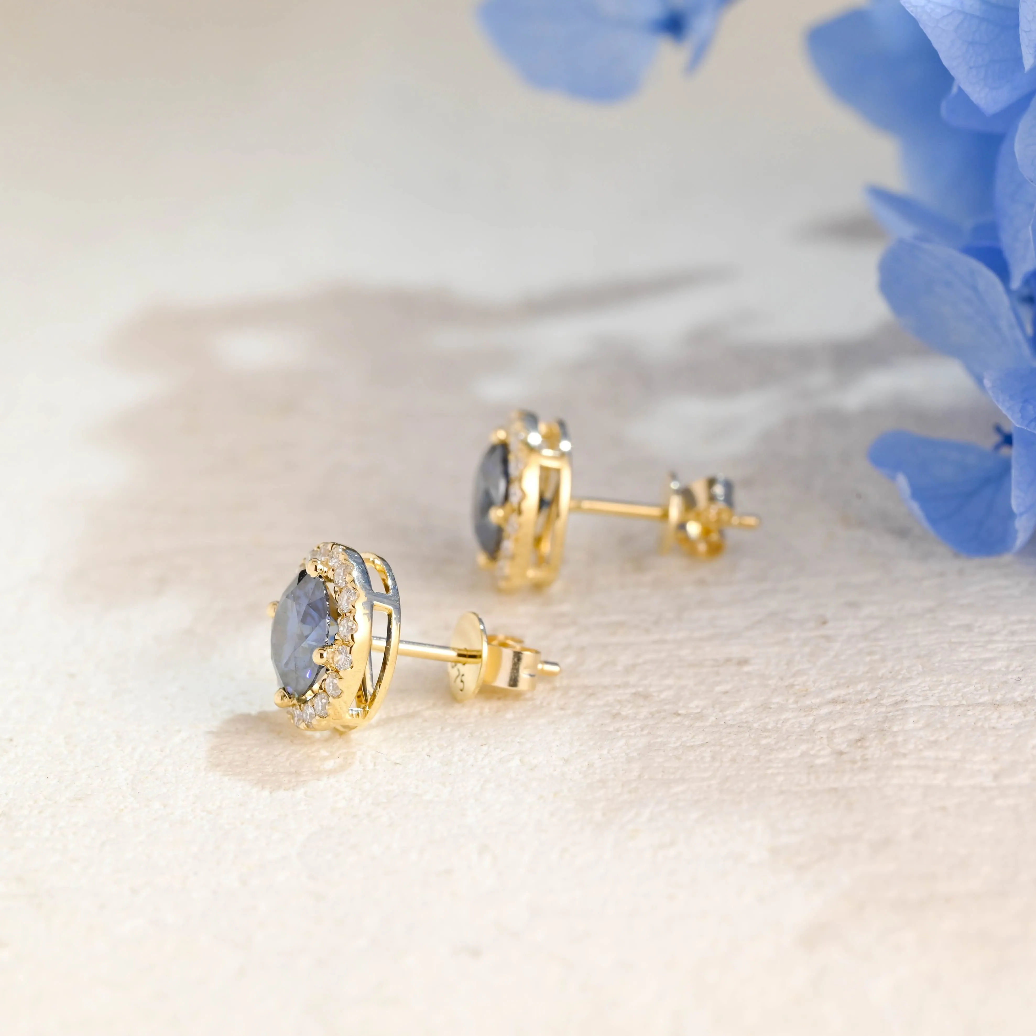 Solid Gold Halo Round Cut Blue Moissanite Earring Studs sold by Causyou product image thumbnail 5