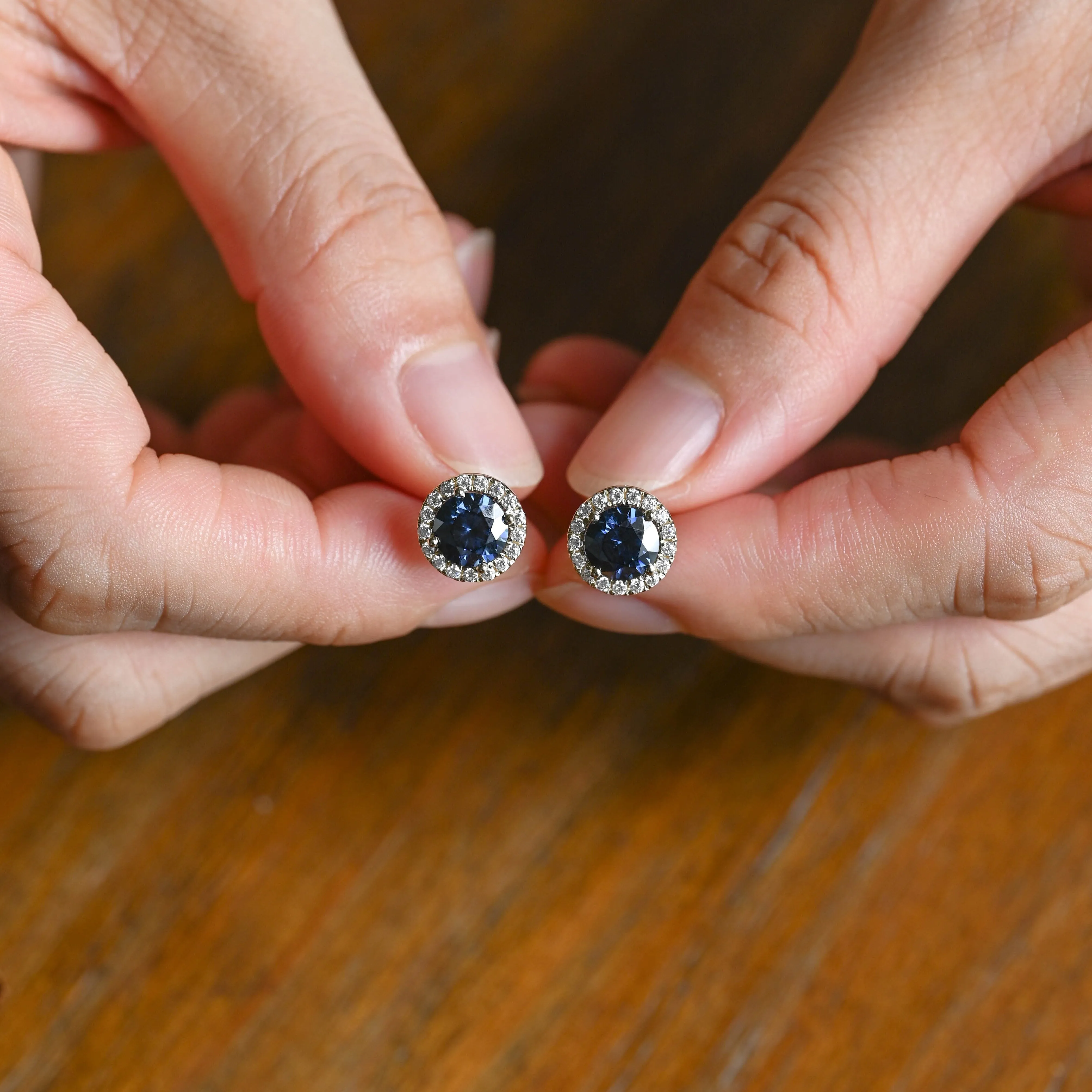 Solid Gold Halo Round Cut Blue Moissanite Earring Studs sold by Causyou product image thumbnail 3