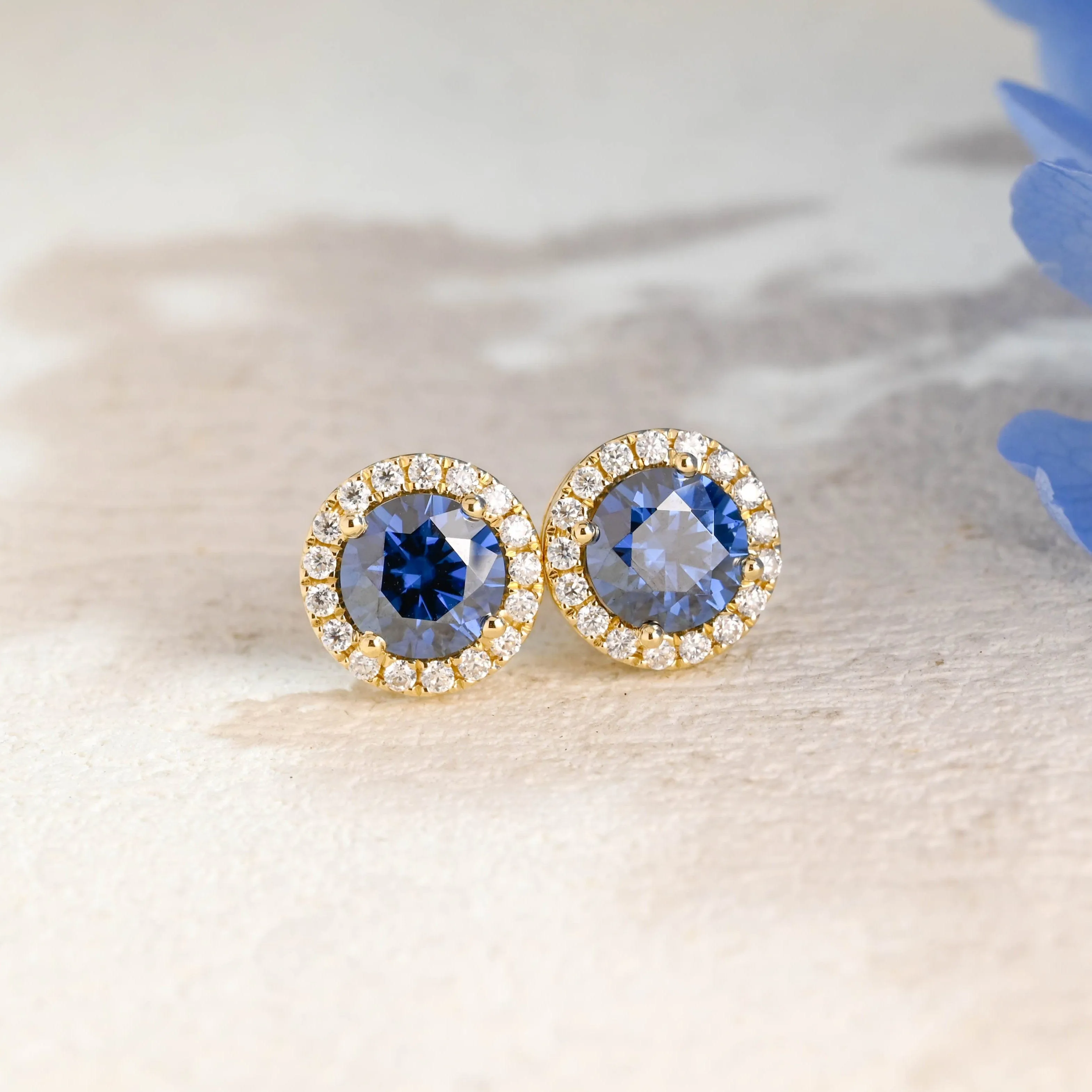 Solid Gold Halo Round Cut Blue Moissanite Earring Studs sold by Causyou