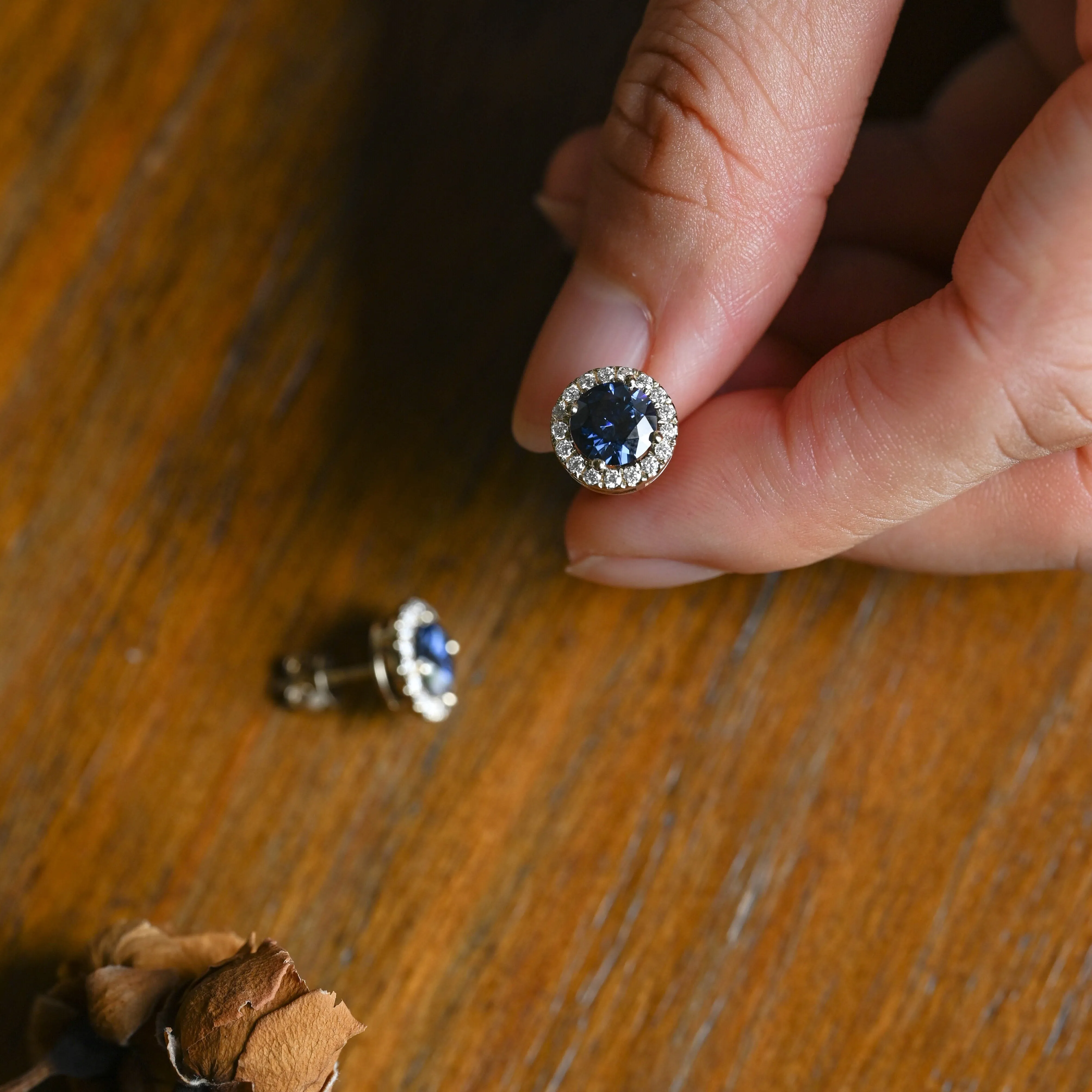 Solid Gold Halo Round Cut Blue Moissanite Earring Studs sold by Causyou product image thumbnail 2