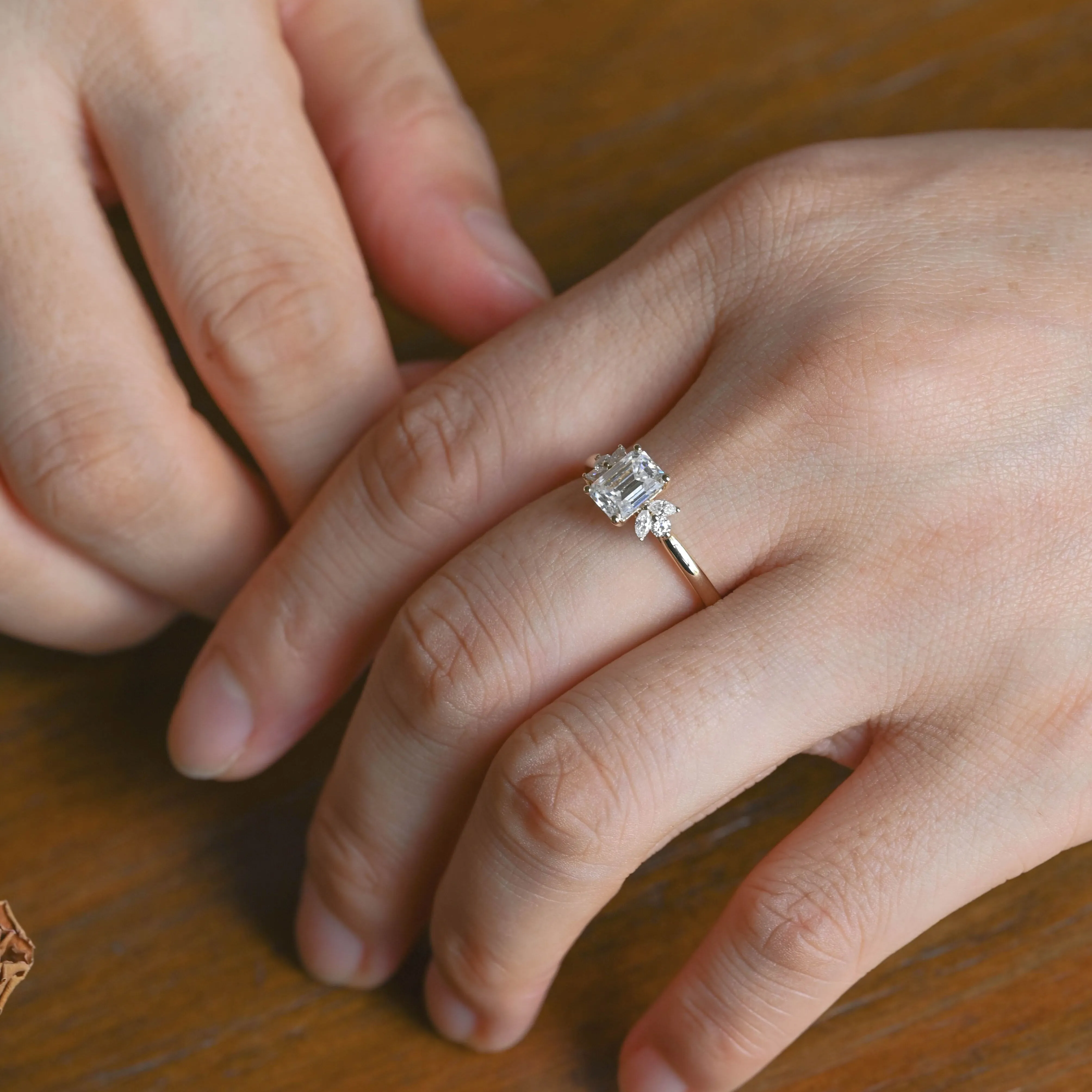 Solid Gold Cluster Emerald Cut Moissanite Engagement Ring sold by Causyou product image thumbnail 3