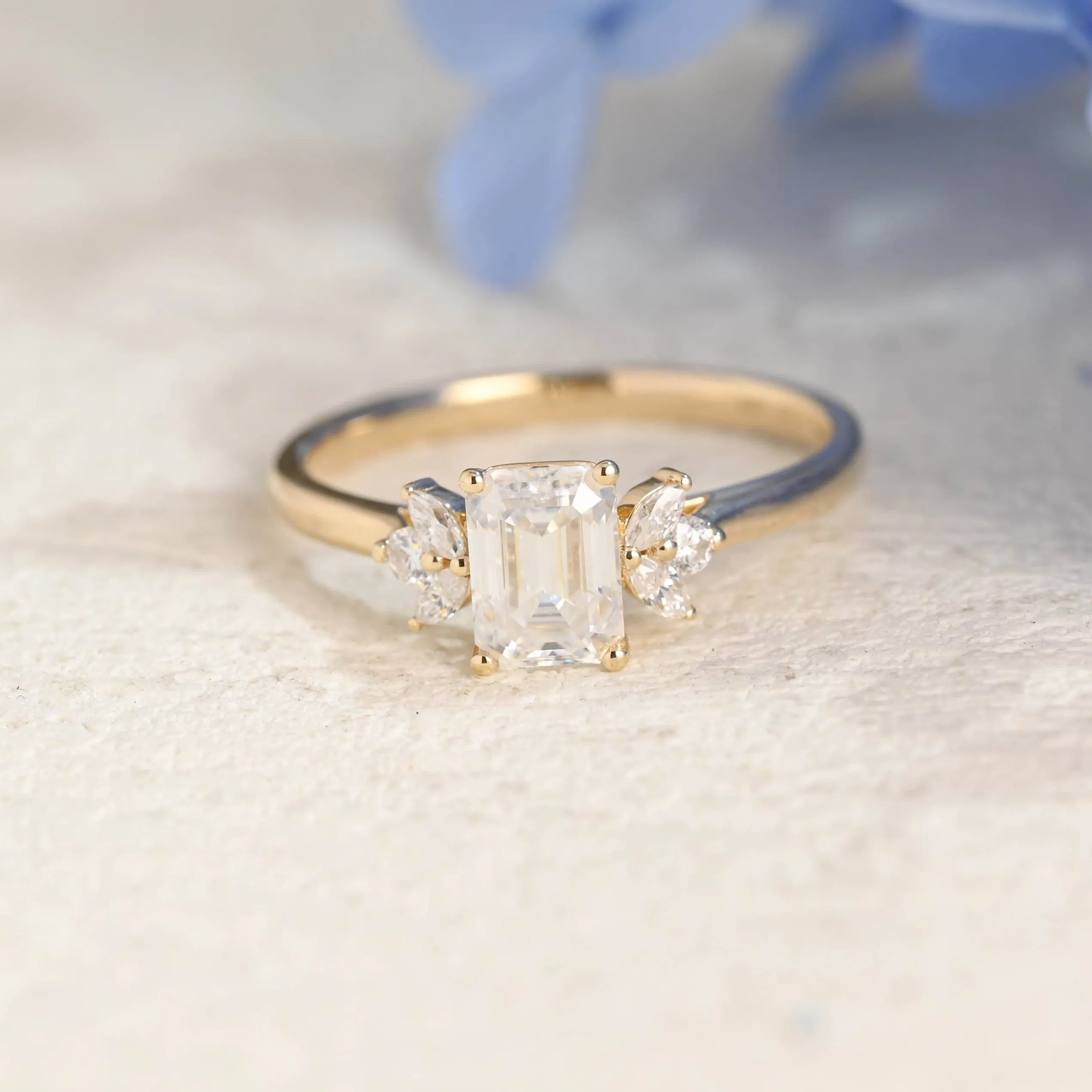 Solid Gold Cluster Emerald Cut Moissanite Engagement Ring sold by Causyou