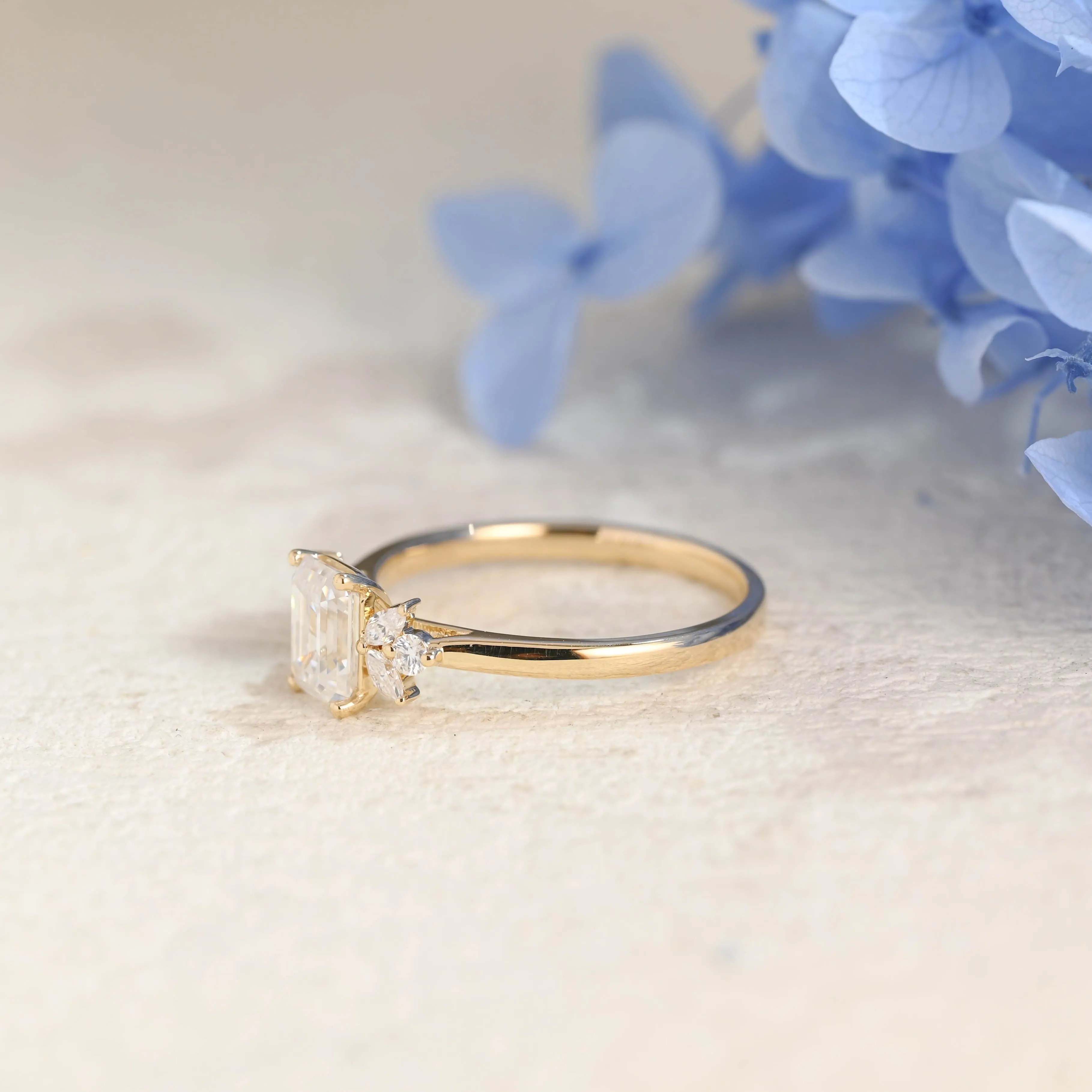 Solid Gold Cluster Emerald Cut Moissanite Engagement Ring sold by Causyou product image thumbnail 4