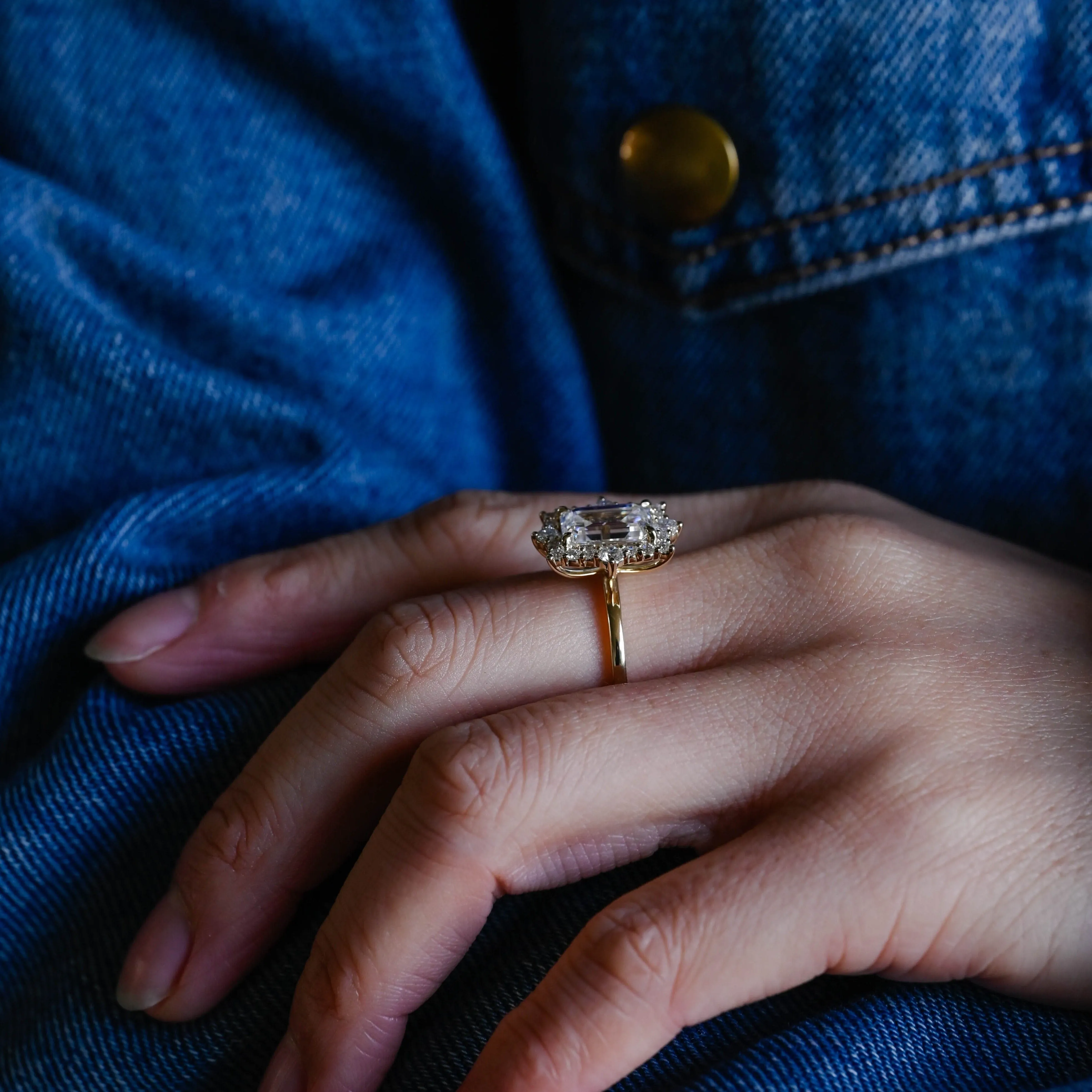 Solid Gold Halo Emerald Cut Moissanite Engagement Ring sold by Causyou product image thumbnail 3