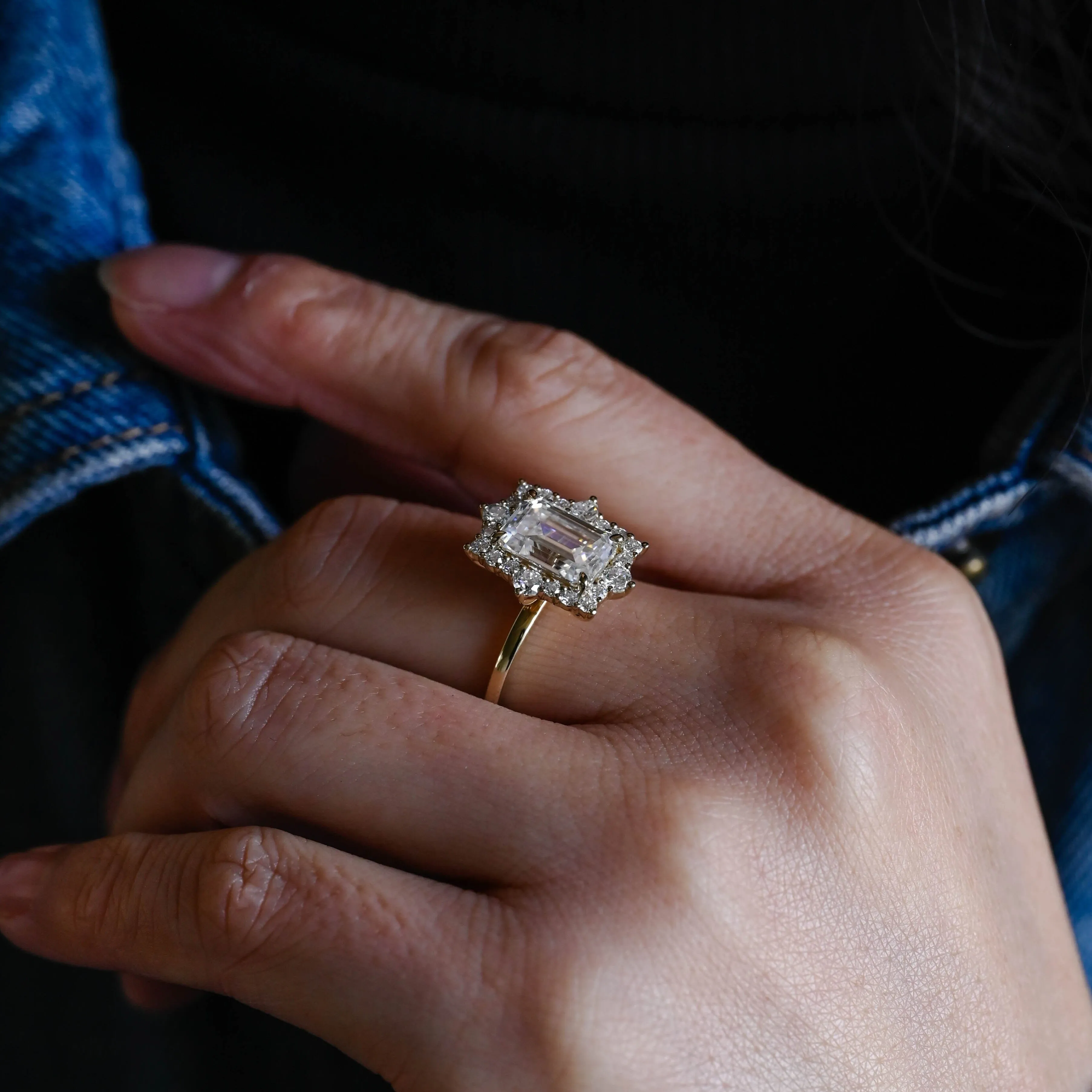 Solid Gold Halo Emerald Cut Moissanite Engagement Ring sold by Causyou product image thumbnail 4