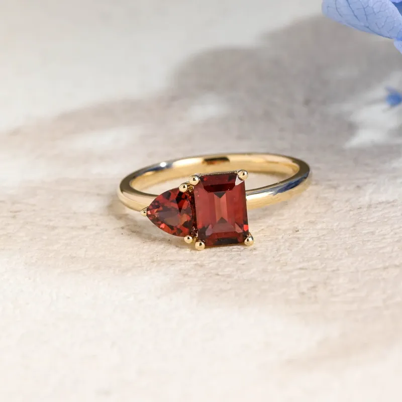 Solid Gold Toi Et Moi Emerald Cut & Trillion Cut Garnet Engagement Ring sold by Causyou
