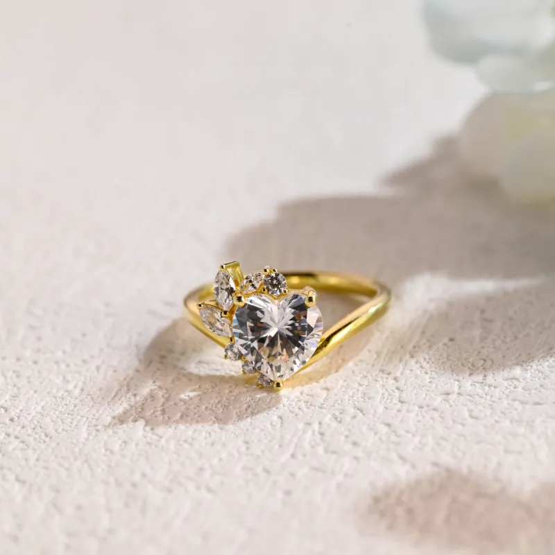 Solid Gold Heart Cut Moissanite Engagement Ring, Floral Wedding Ring, Promise Ring for Women sold by Causyou