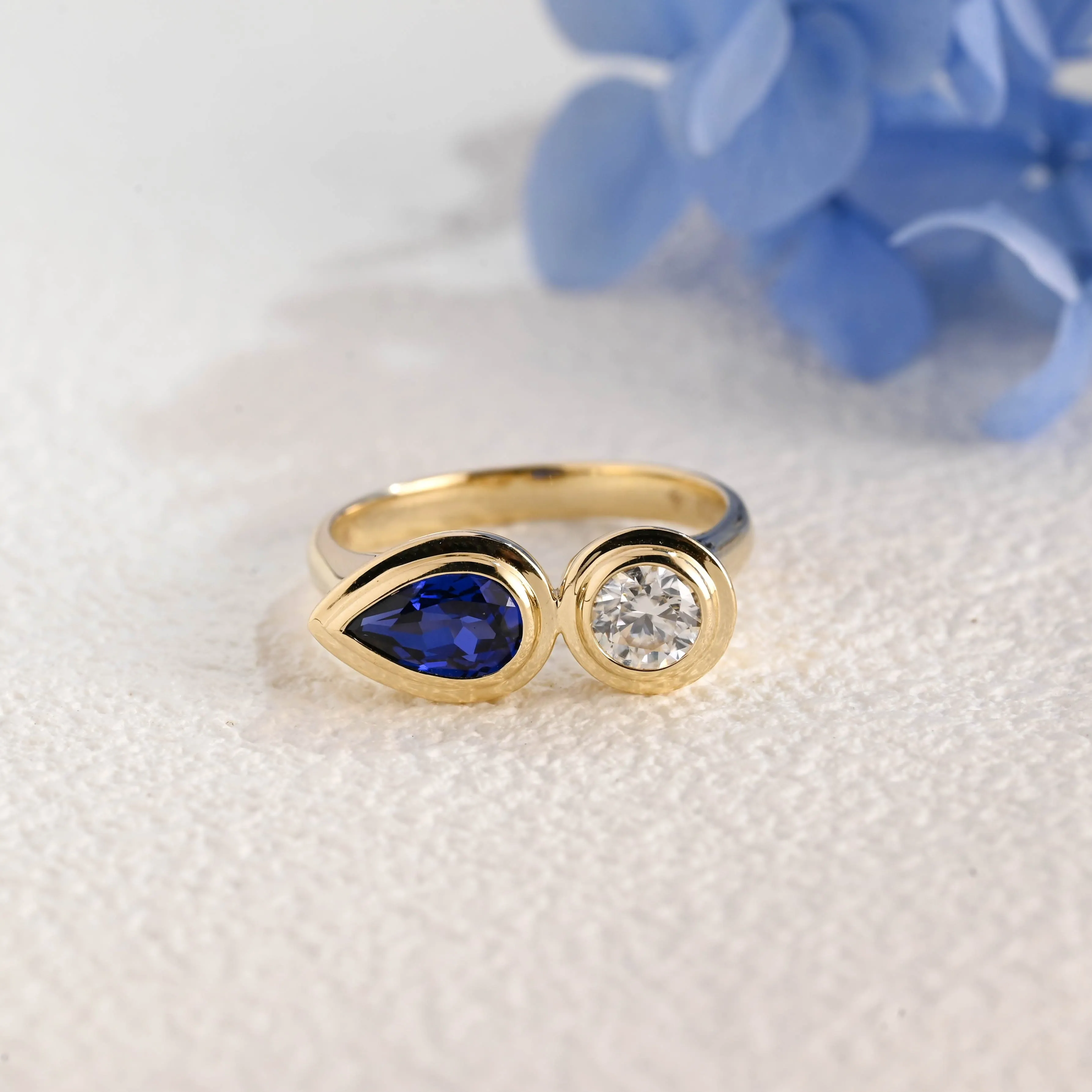 Solid Gold Toi Et Moi Ring, Pear Cut Blue Lab Sapphire & Round Cut Moissanite Engagement Ring sold by Causyou