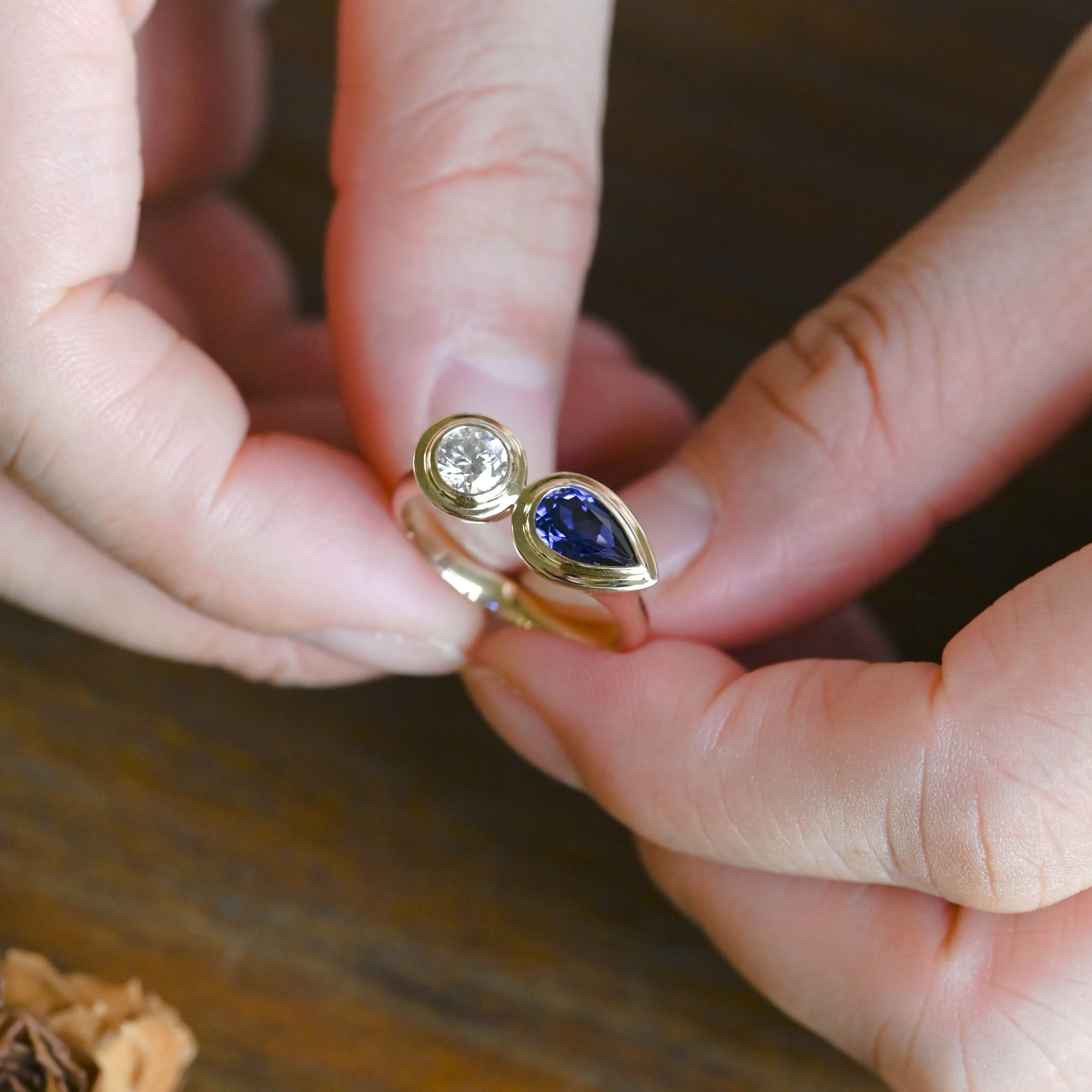 Solid Gold Toi Et Moi Ring, Pear Cut Blue Lab Sapphire & Round Cut Moissanite Engagement Ring sold by Causyou product image thumbnail 4