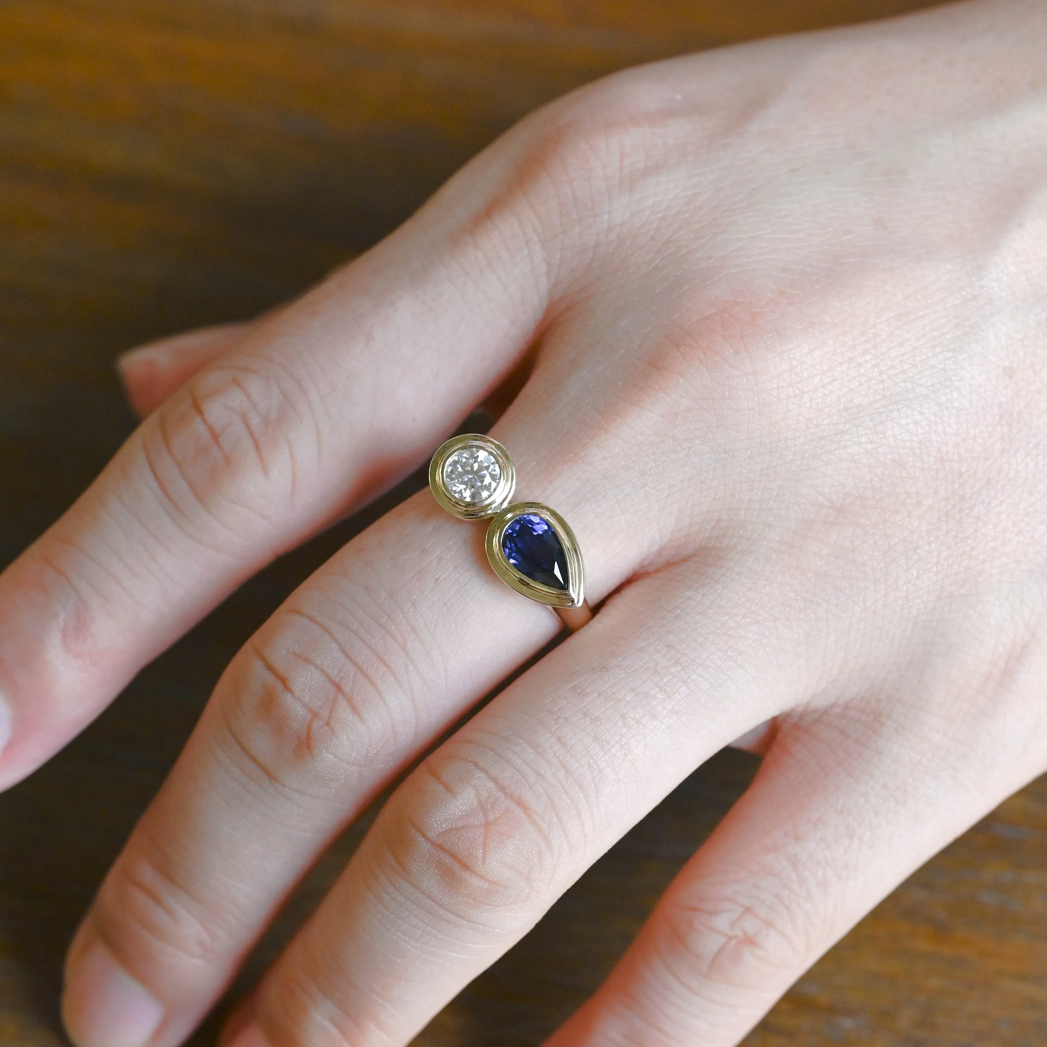 Solid Gold Toi Et Moi Ring, Pear Cut Blue Lab Sapphire & Round Cut Moissanite Engagement Ring sold by Causyou product image thumbnail 3