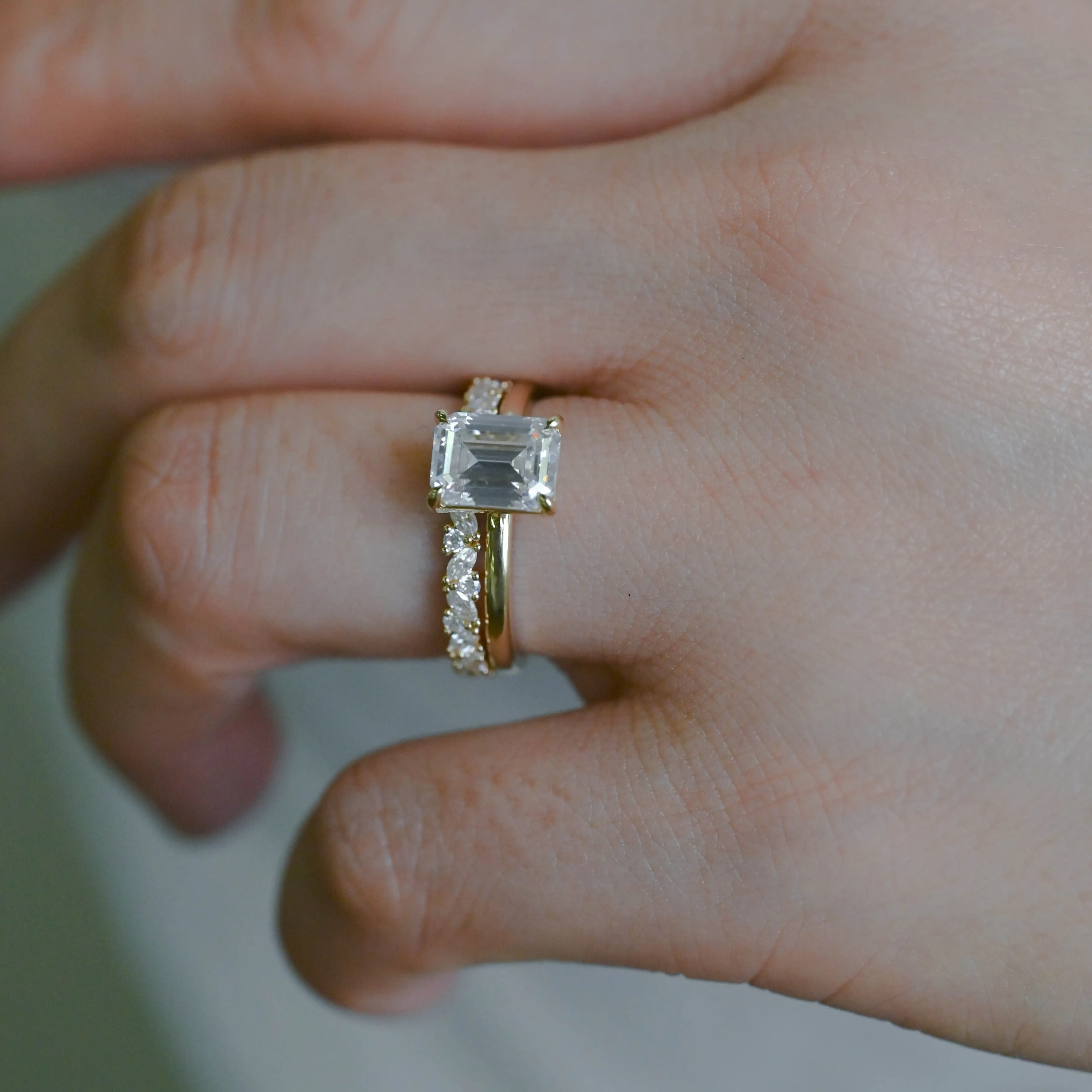 Solid Gold Emerald Cut Moissanite Engagement Ring and Wedding Band Ring Set sold by Causyou product image thumbnail 3