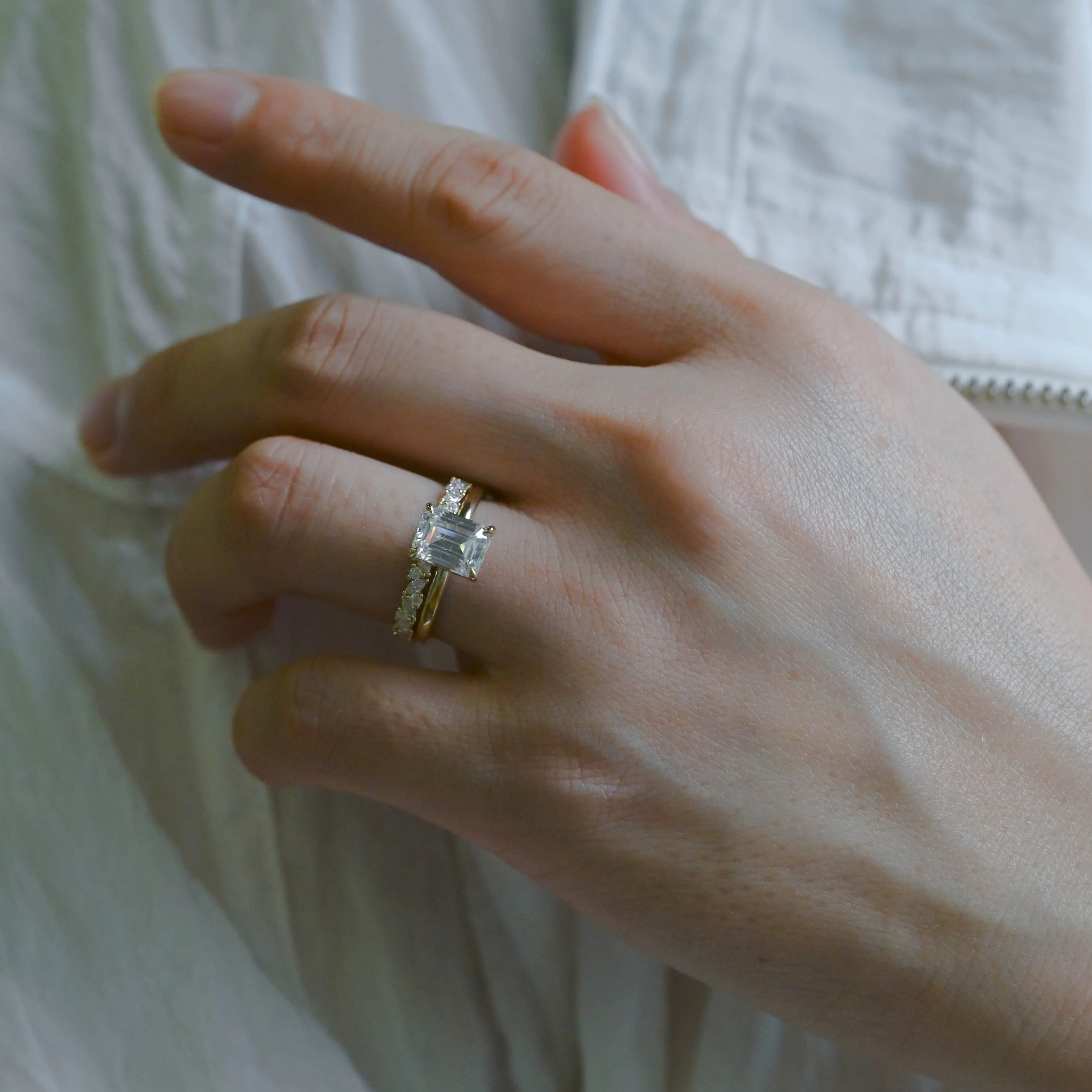 Solid Gold Emerald Cut Moissanite Engagement Ring and Wedding Band Ring Set sold by Causyou product image thumbnail 4