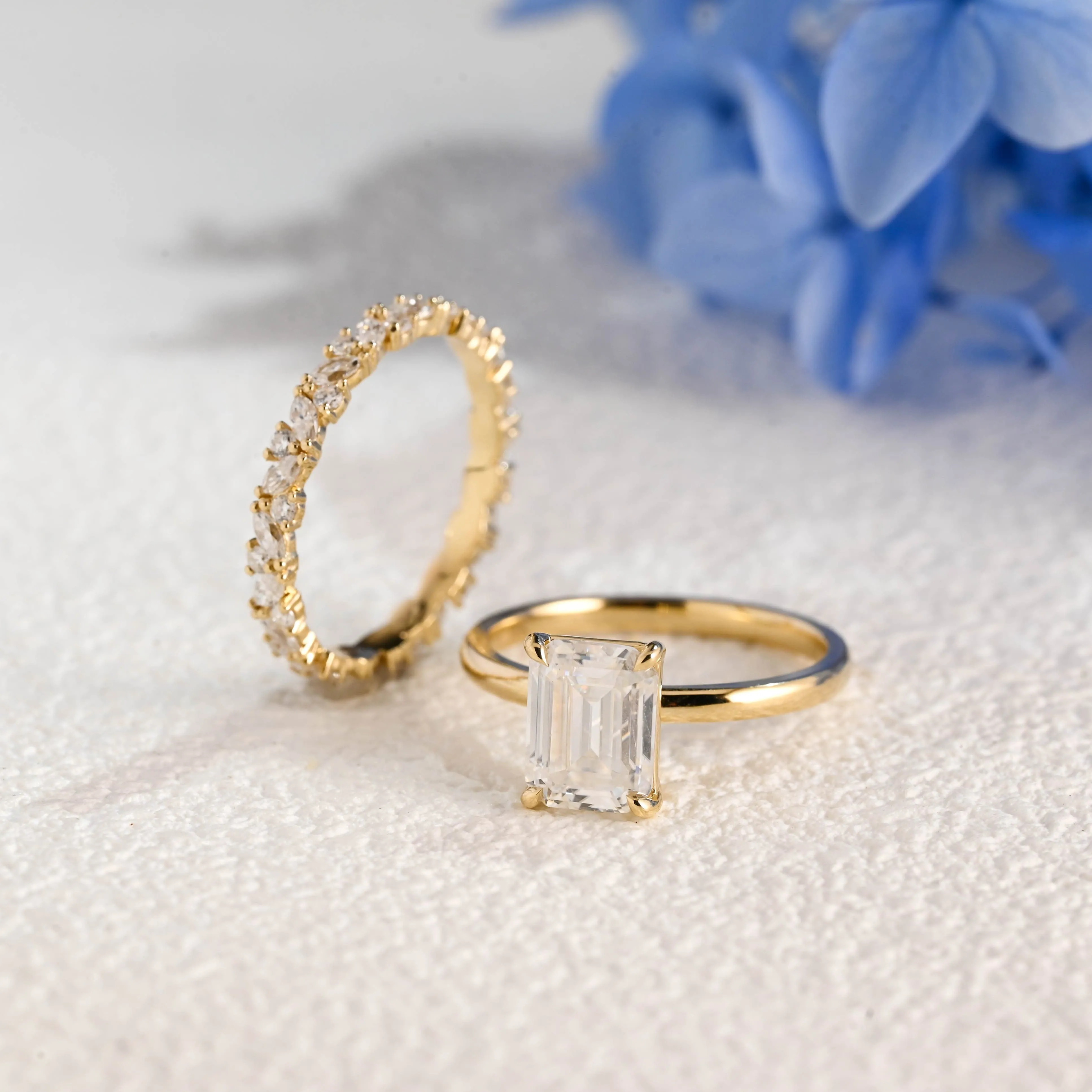 Solid Gold Emerald Cut Moissanite Engagement Ring and Wedding Band Ring Set sold by Causyou product image thumbnail 5