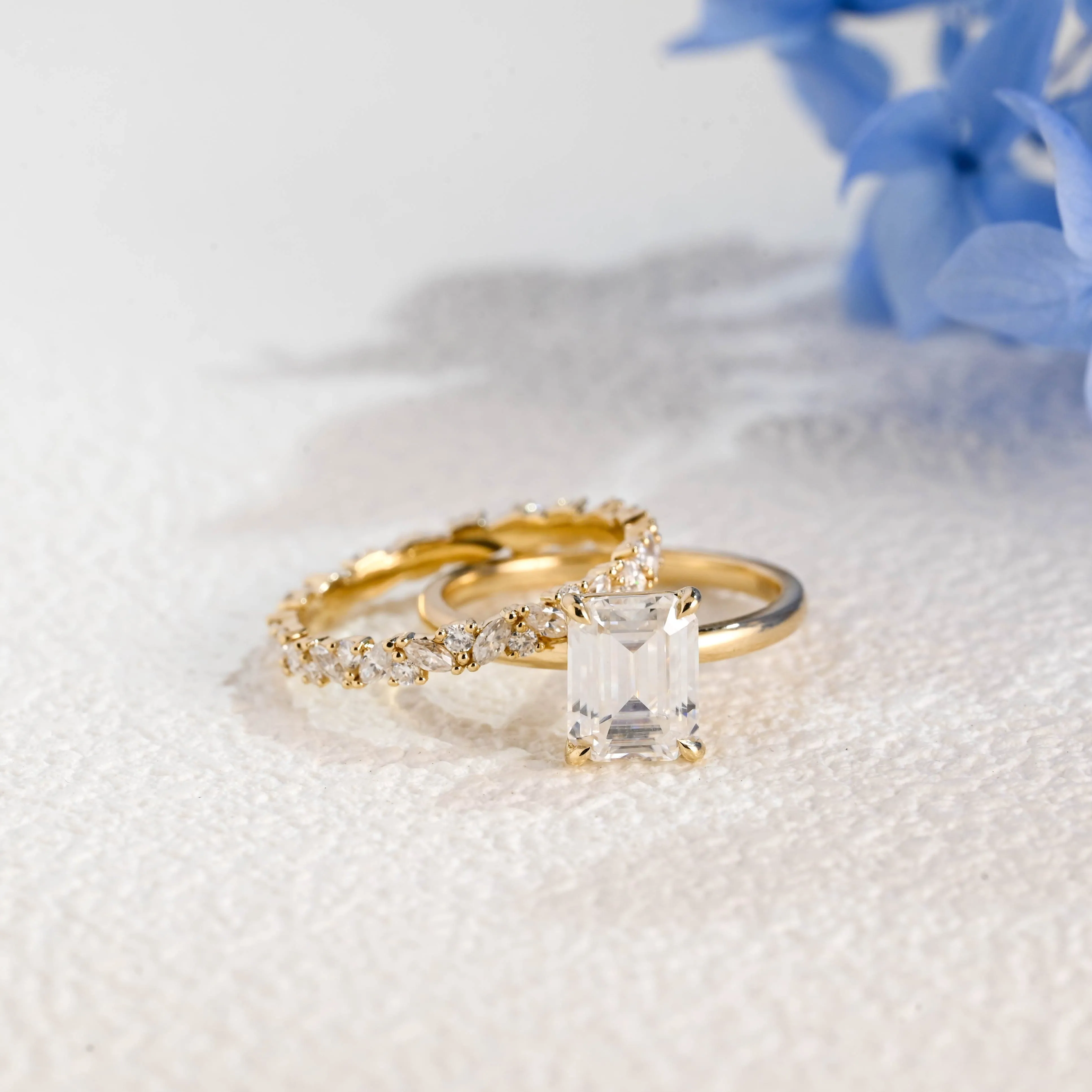 Solid Gold Emerald Cut Moissanite Engagement Ring and Wedding Band Ring Set sold by Causyou