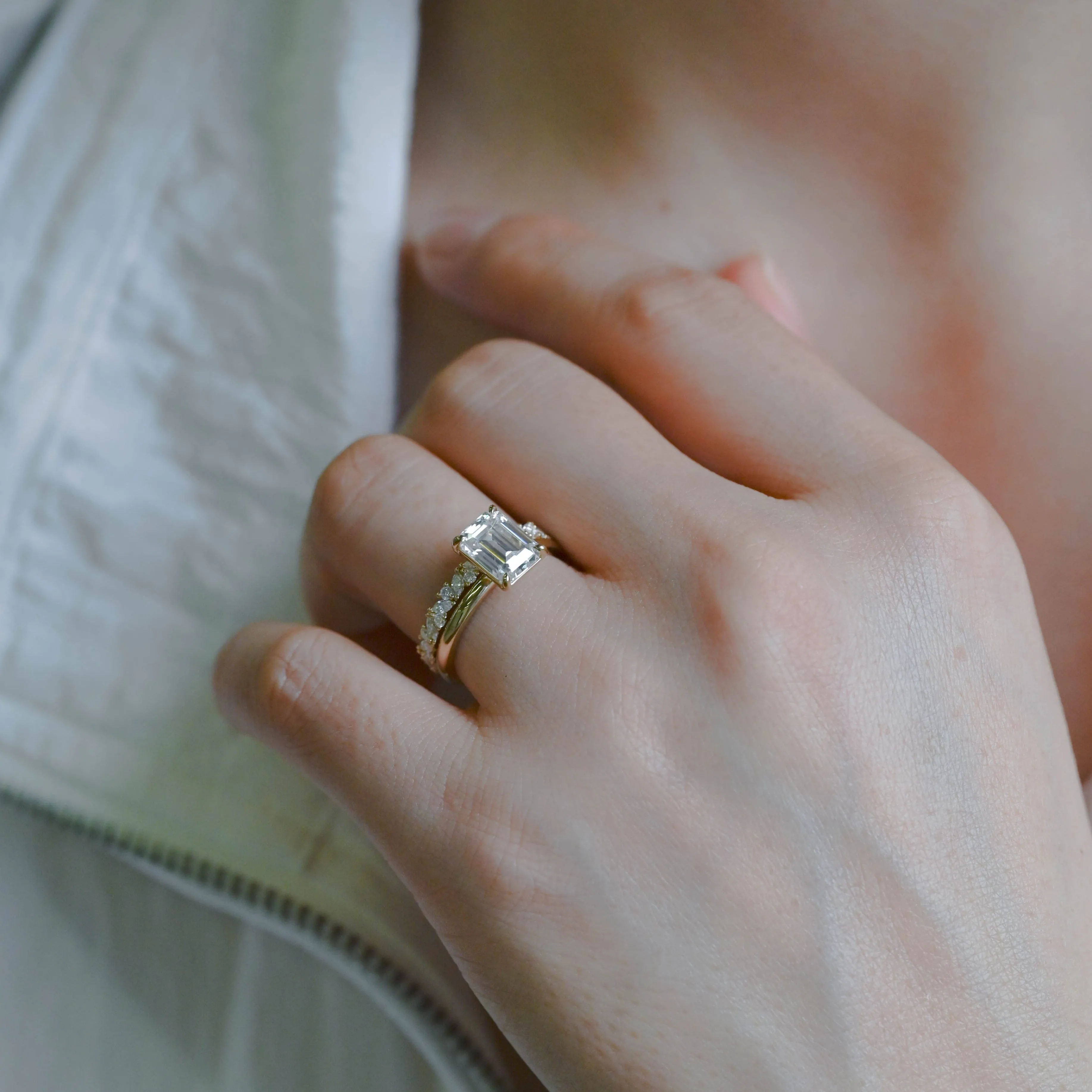 Solid Gold Emerald Cut Moissanite Engagement Ring and Wedding Band Ring Set sold by Causyou product image thumbnail 2