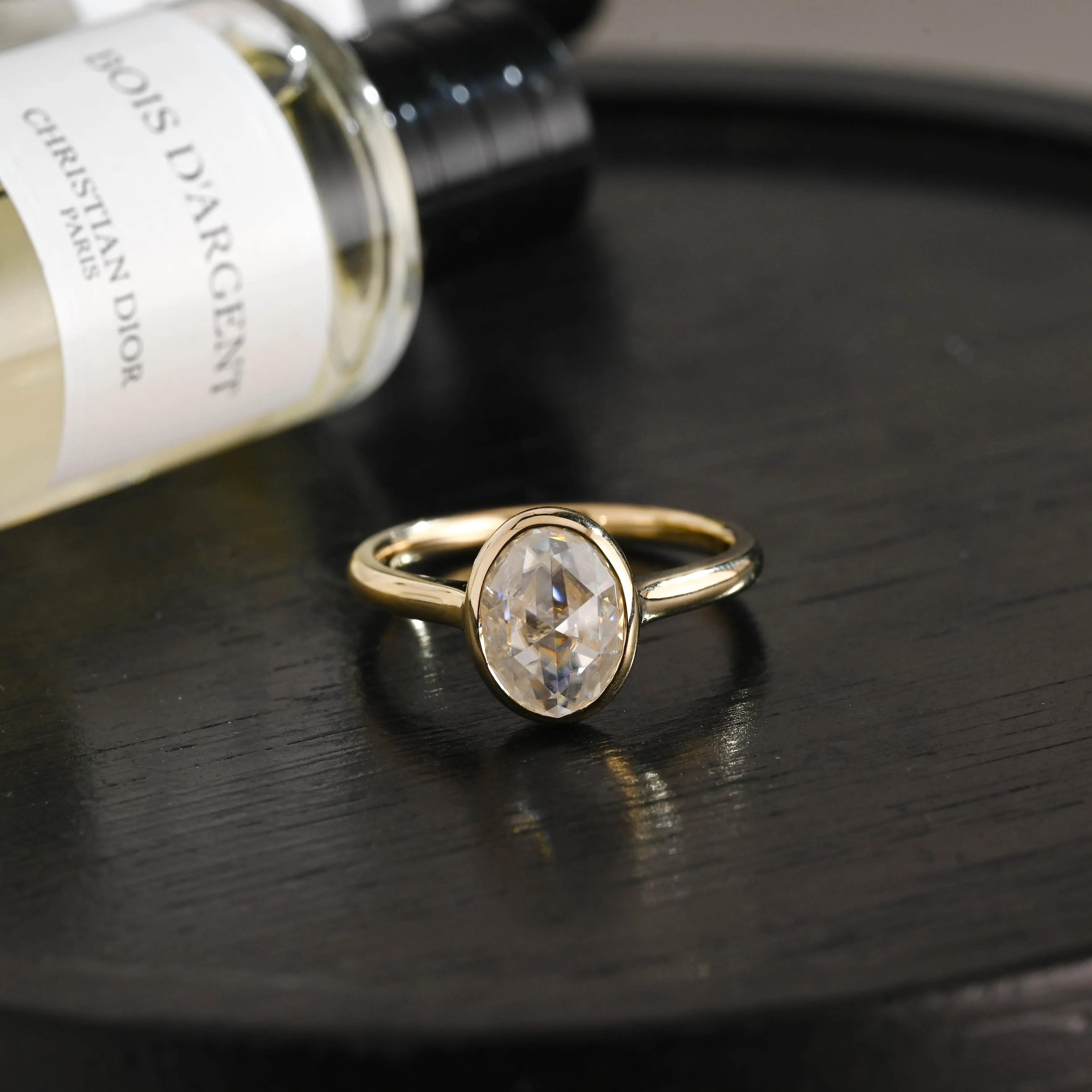 Solid Gold D/VS1 Bezel Cathedral Setting Oval Cut Lab Grown Diamond Engagement Ring sold by Causyou