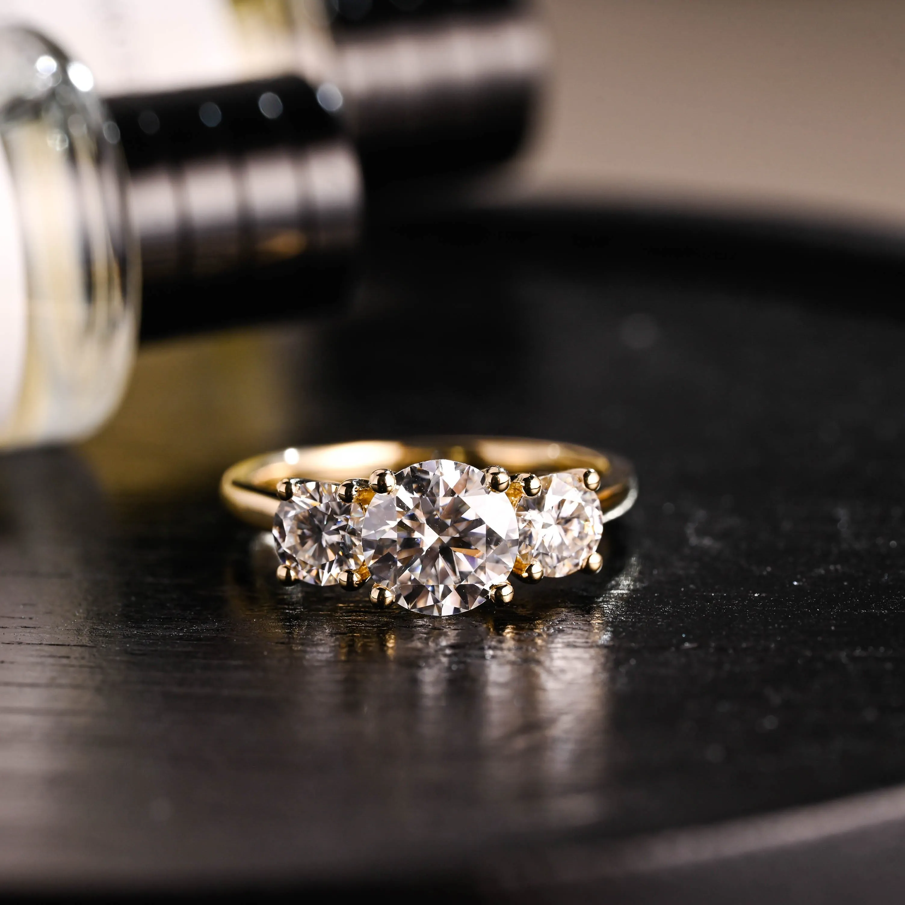 Solid Gold D/VS1 Cathedral Setting Three Stone Round Cut Lab Grown Diamond Engagement Ring sold by Causyou