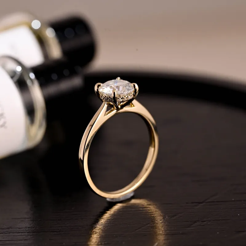 Solid Gold D/VS1 Cathedral Setting Hidden Halo Round Cut Lab Grown Diamond Engagement Ring sold by Causyou