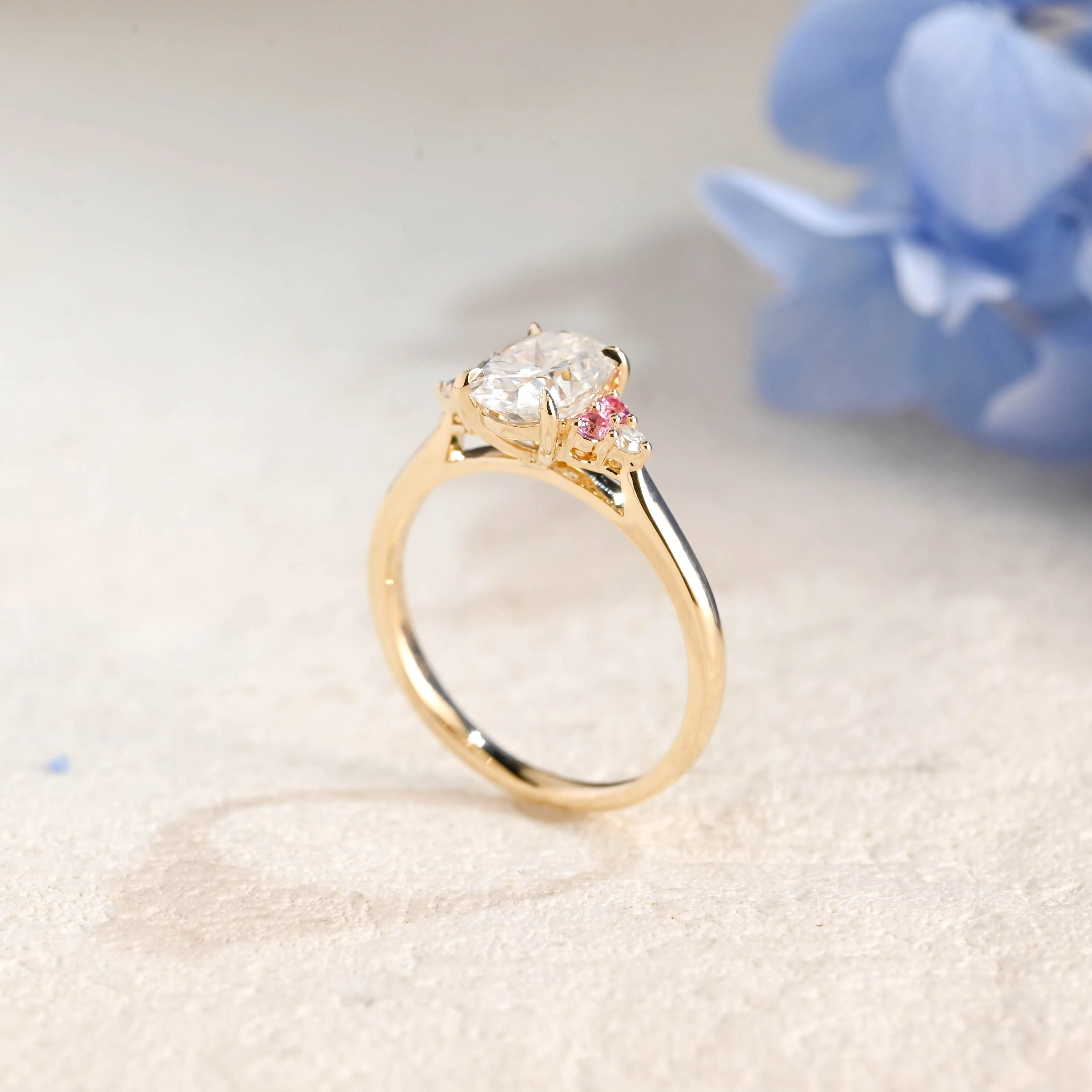 Solid Gold Pink Lab Sapphire Side Cluster Oval Cut Moissanite Engagement Ring sold by Causyou product image thumbnail 5