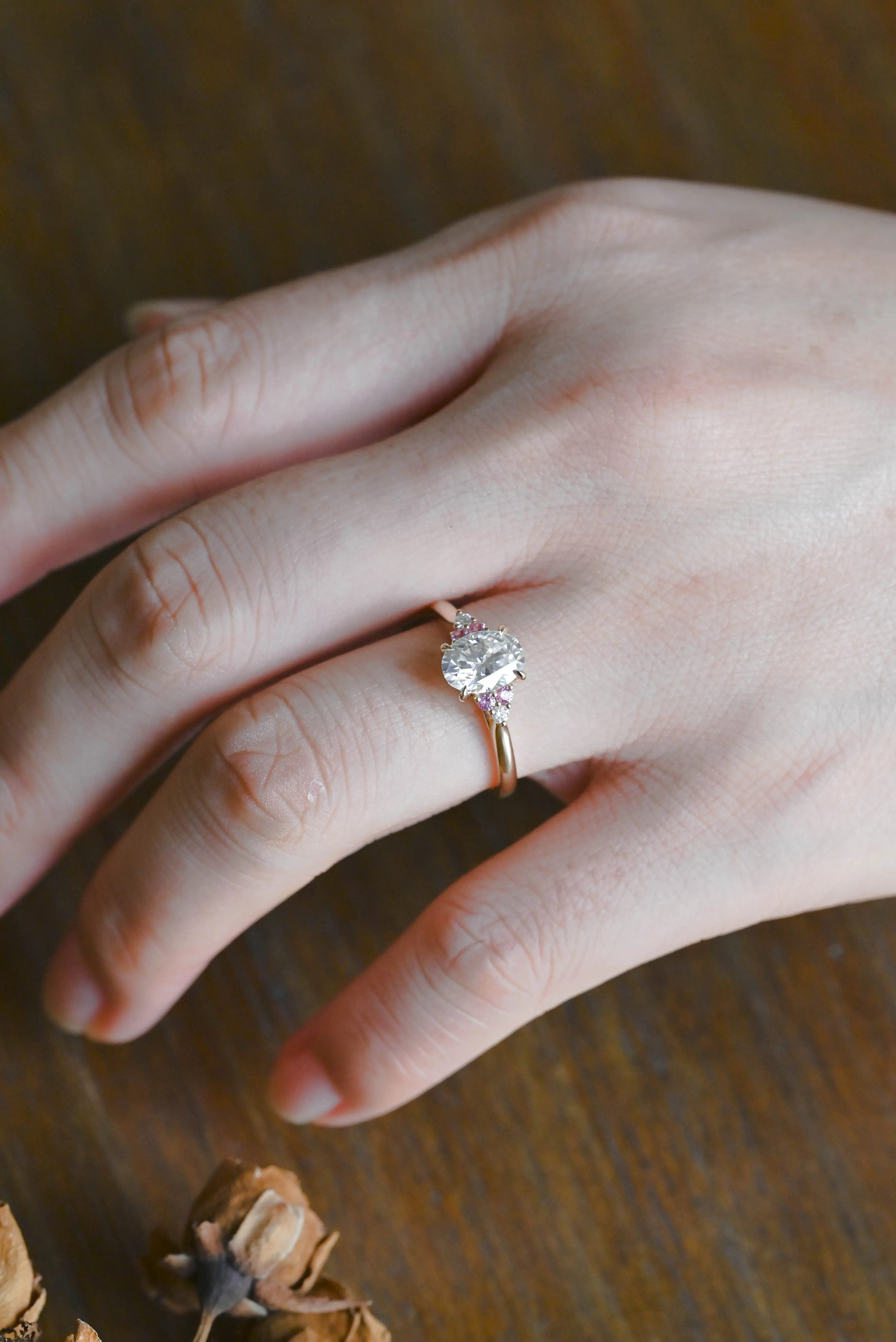 Solid Gold Pink Lab Sapphire Side Cluster Oval Cut Moissanite Engagement Ring sold by Causyou product image thumbnail 2