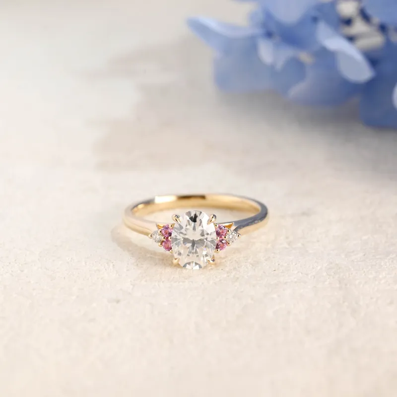 Solid Gold Pink Lab Sapphire Side Cluster Oval Cut Moissanite Engagement Ring sold by Causyou