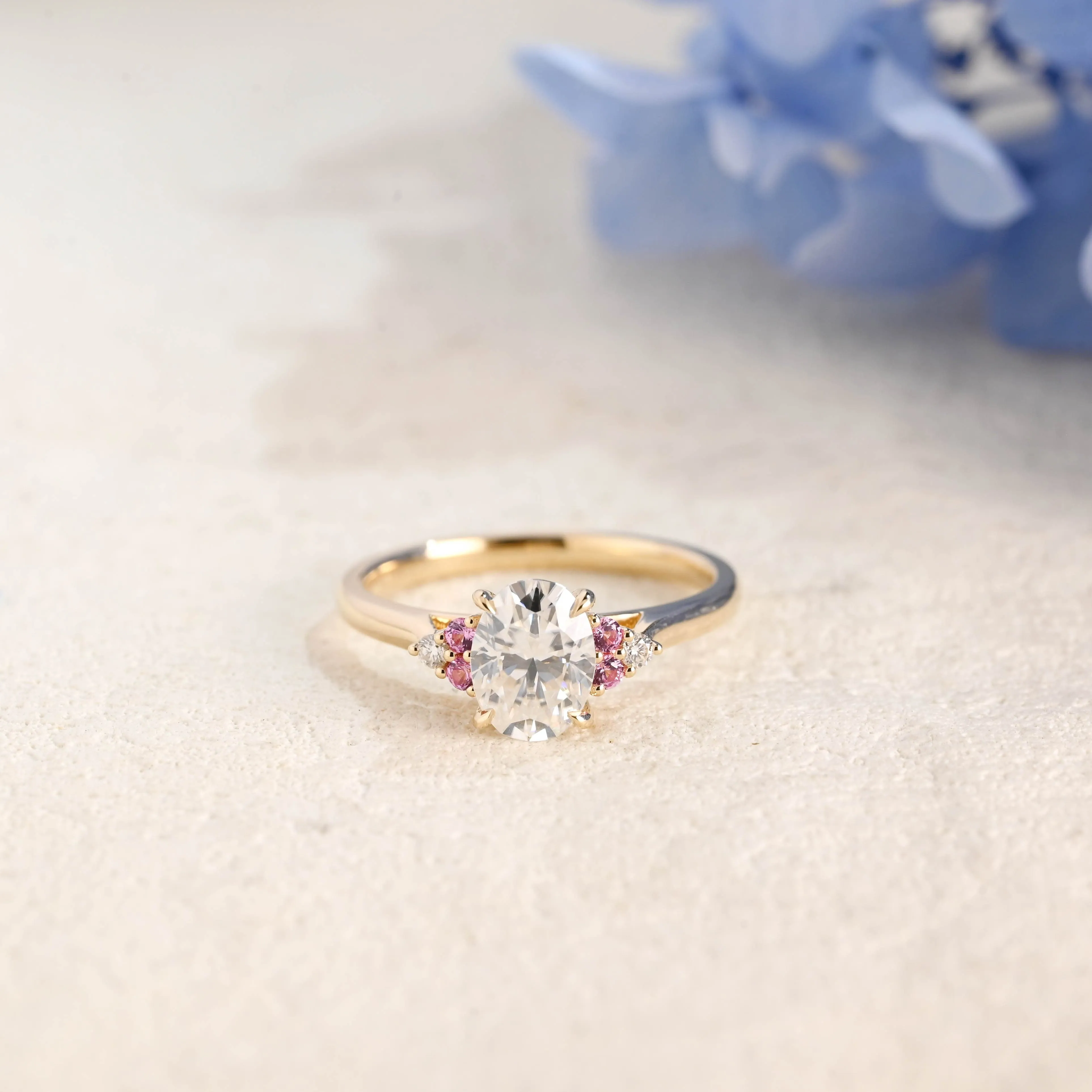 Solid Gold Pink Lab Sapphire Side Cluster Oval Cut Moissanite Engagement Ring sold by Causyou