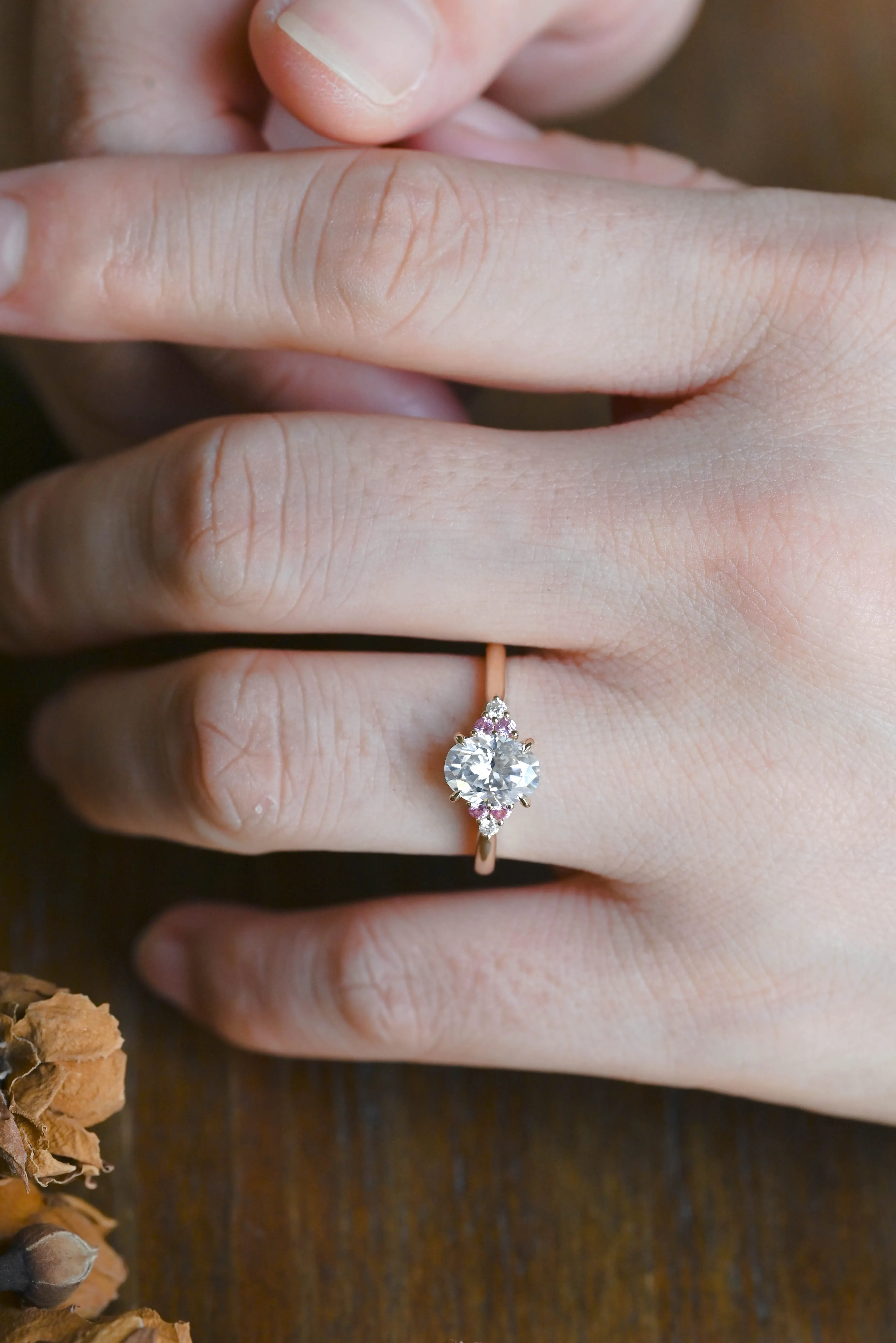 Solid Gold Pink Lab Sapphire Side Cluster Oval Cut Moissanite Engagement Ring sold by Causyou product image thumbnail 3