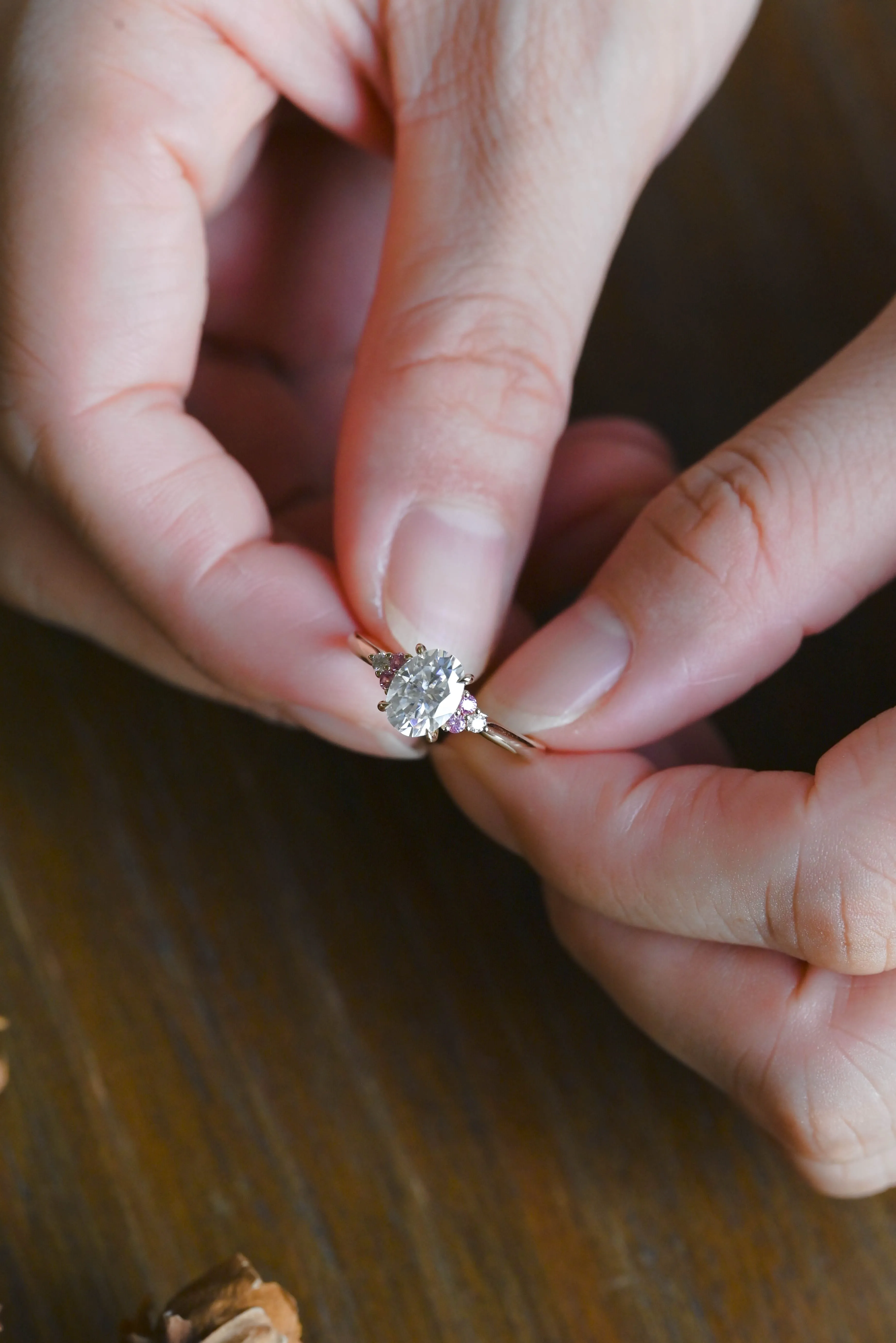 Solid Gold Pink Lab Sapphire Side Cluster Oval Cut Moissanite Engagement Ring sold by Causyou product image thumbnail 4