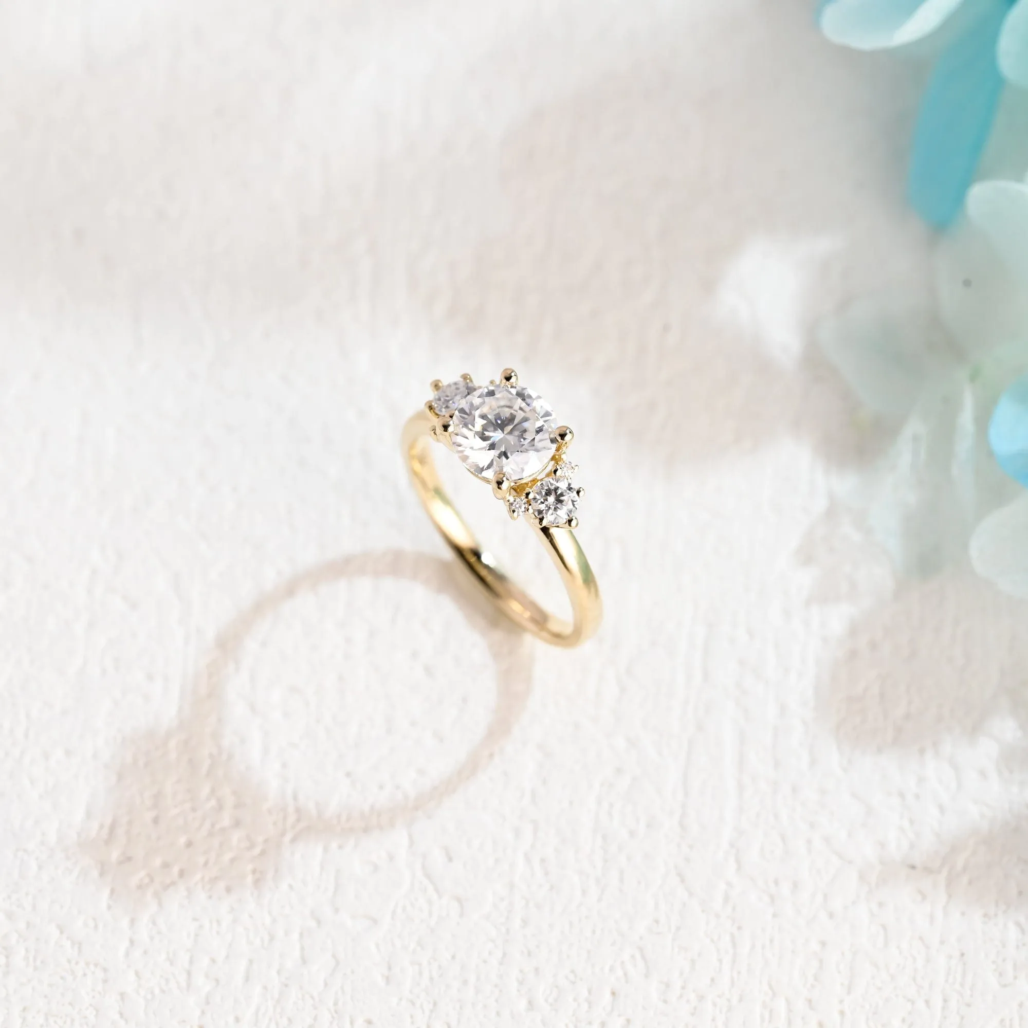 Solid Gold Round Cut Moissanite Engagement Ring, Three Stone Promise Ring sold by Causyou product image thumbnail 5