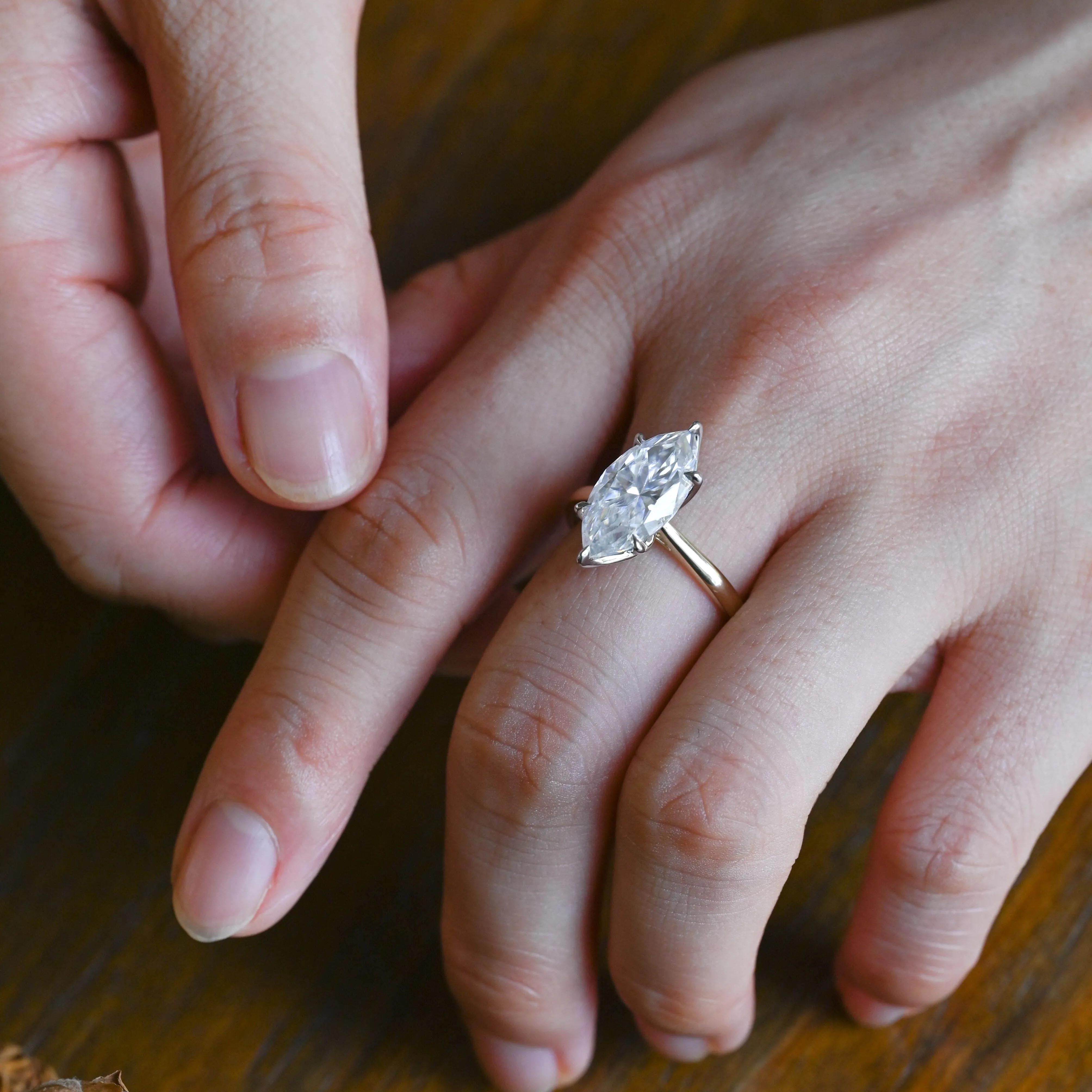 Solid Gold Solitaire Two Tone Marquise Cut Moissanite Engagement Ring sold by Causyou product image thumbnail 5