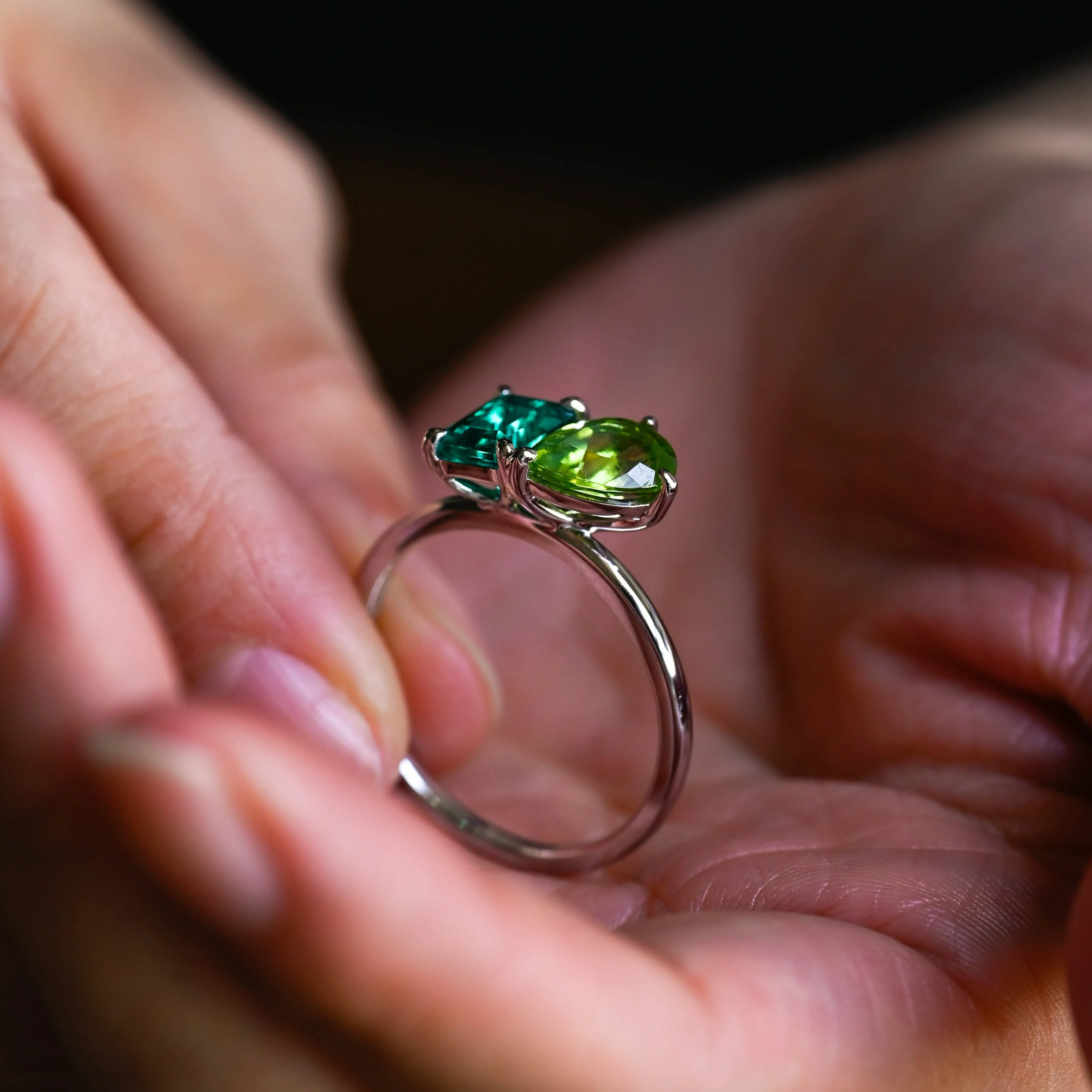 Solid Gold Toi Et Moi Ring, Pear cut Peridot & Lab Grown Emerald Engagement Ring, Anniversary Ring sold by Causyou product image thumbnail 4