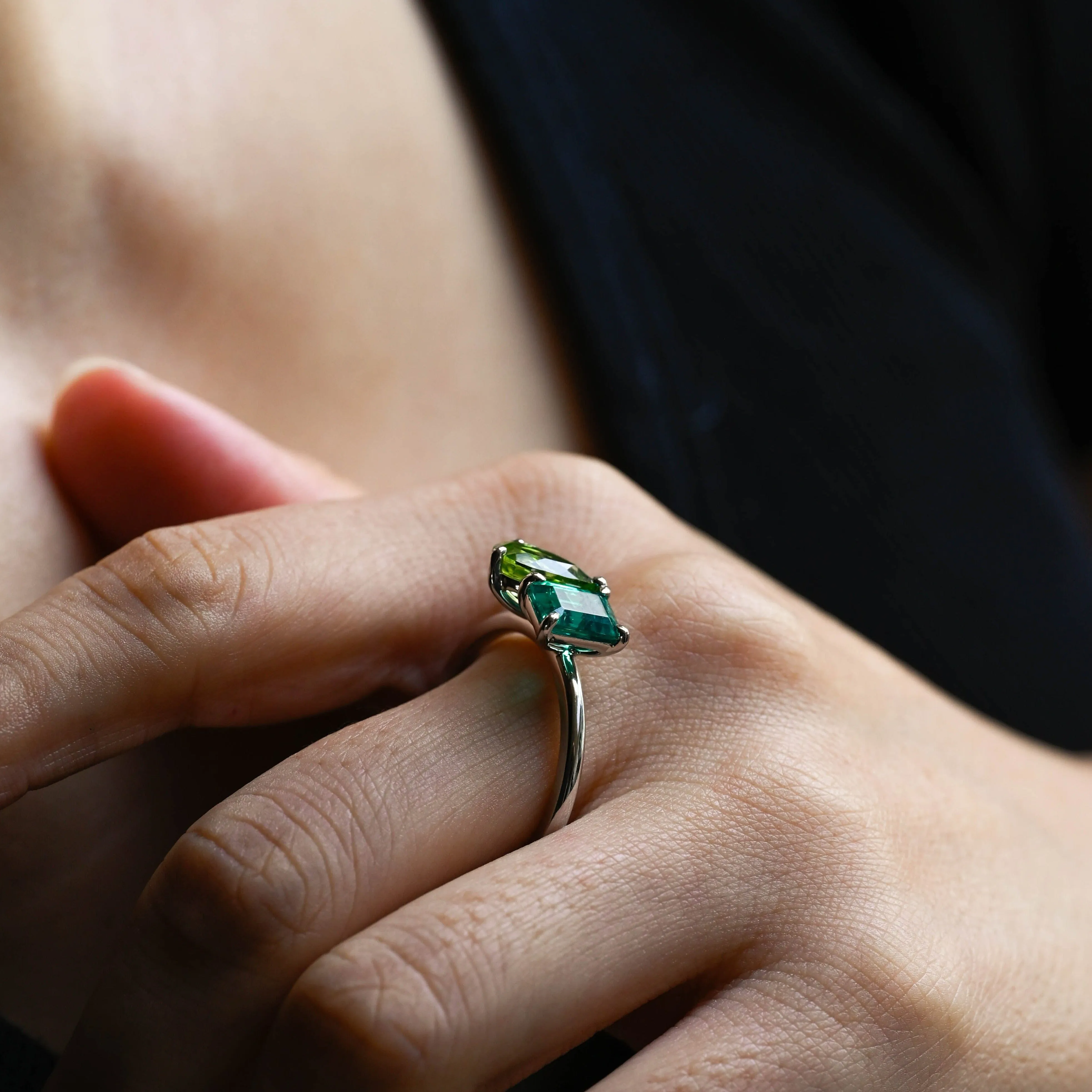 Solid Gold Toi Et Moi Ring, Pear cut Peridot & Lab Grown Emerald Engagement Ring, Anniversary Ring sold by Causyou product image thumbnail 3