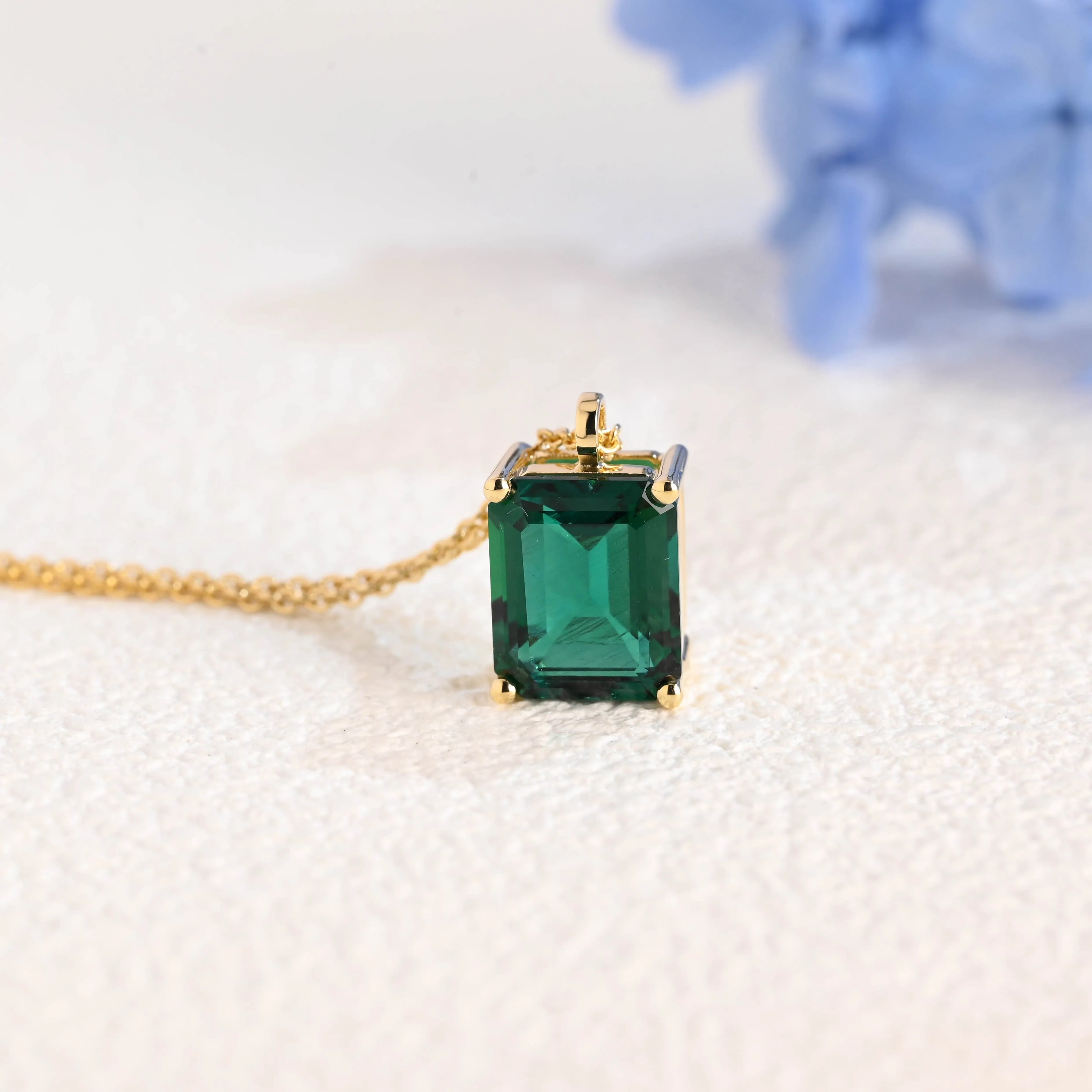 Solid Gold Emerald Cut Lab Grown Emerald Pendant Necklace sold by Causyou