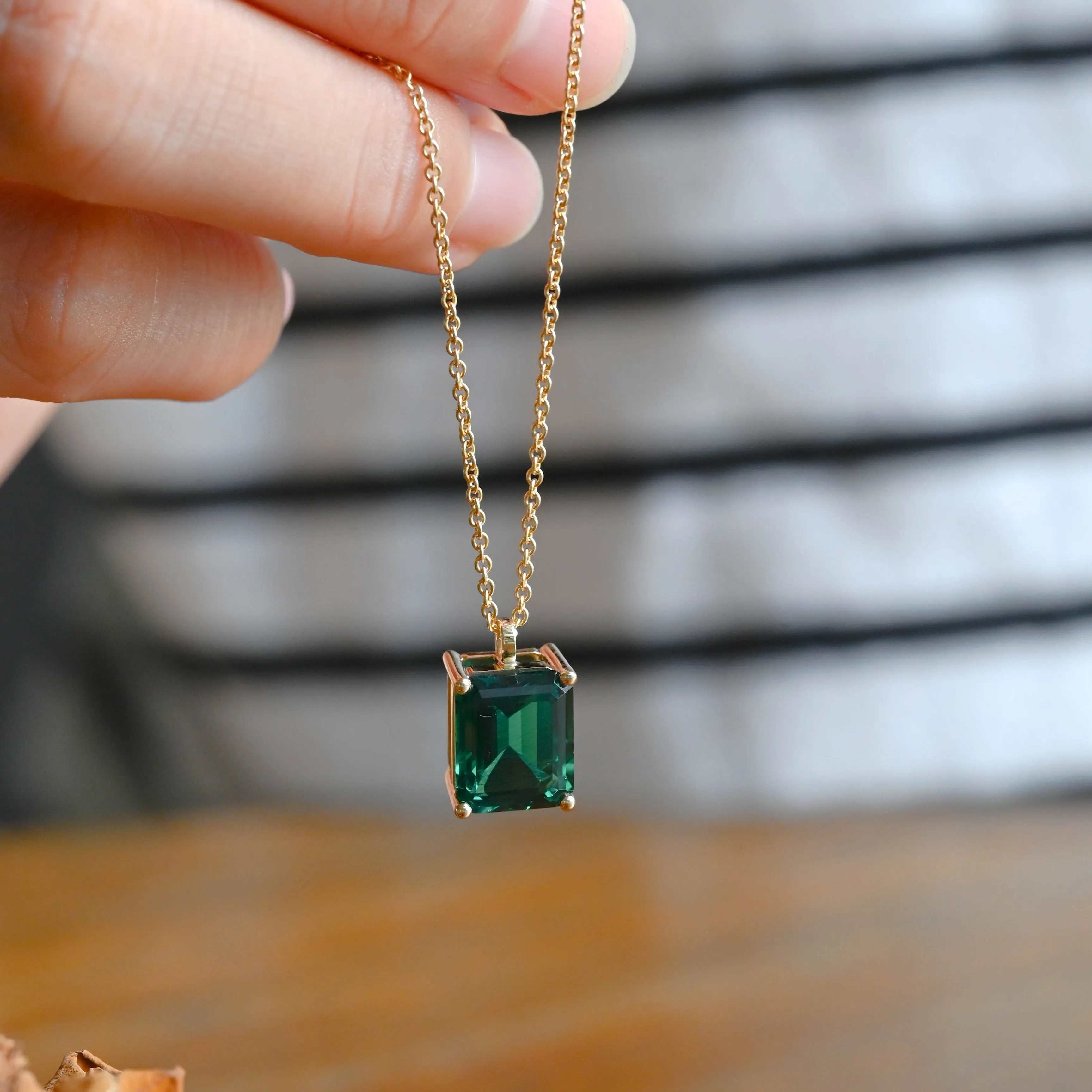 Solid Gold Emerald Cut Lab Grown Emerald Pendant Necklace sold by Causyou product image thumbnail 4